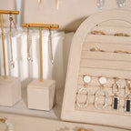 Beige Jewelry Display Set for Craft Fair Booth, Pavilion Necklace Bust, Ring Tray, Earring Stand, Market Table Props, Vegan Suede, Wood Core