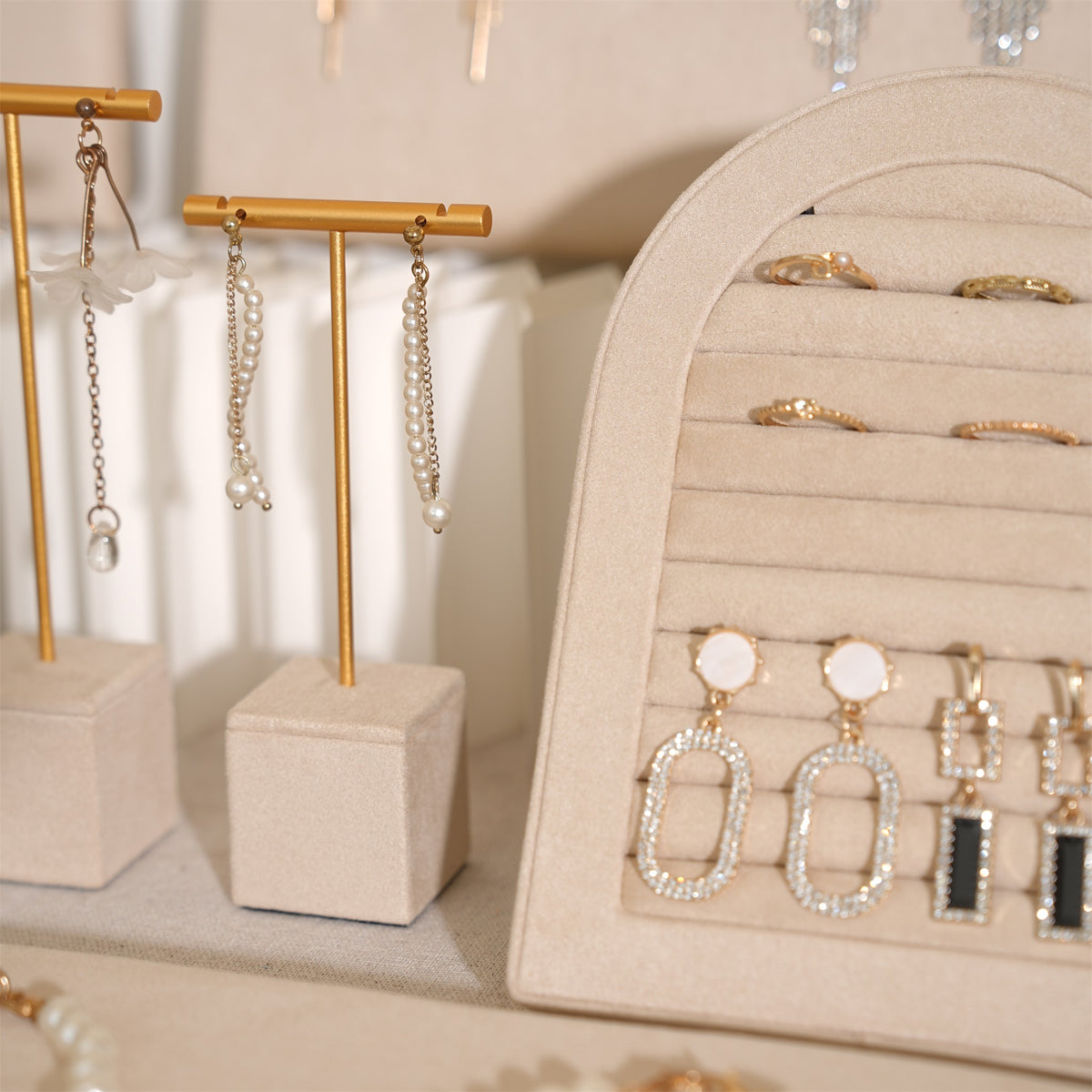 Beige Jewelry Display Set for Craft Fair Booth, Pavilion Necklace Bust, Ring Tray, Earring Stand, Market Table Props, Vegan Suede, Wood Core