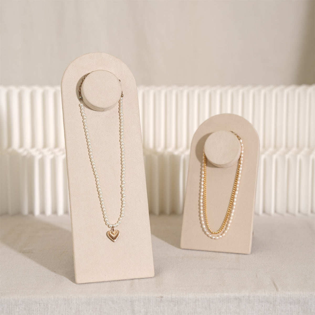 Beige Jewelry Display Set for Craft Fair Booth, Pavilion Necklace Bust, Ring Tray, Earring Stand, Market Table Props, Vegan Suede, Wood Core