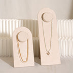 Beige Jewelry Display Set for Craft Fair Booth, Pavilion Necklace Bust, Ring Tray, Earring Stand, Market Table Props, Vegan Suede, Wood Core