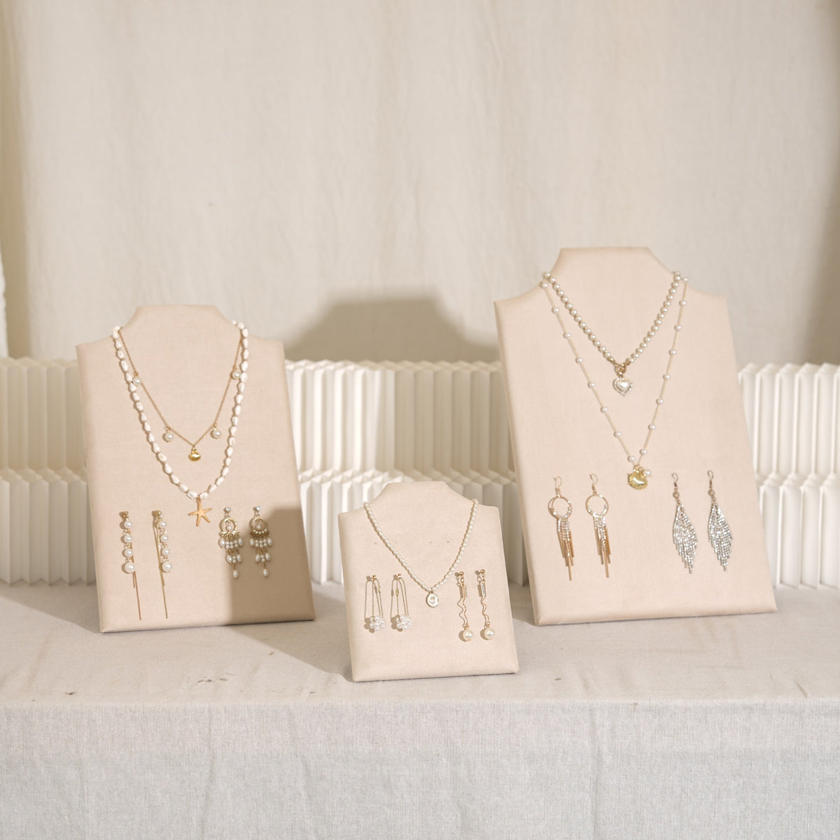 Beige Jewelry Display Set for Craft Fair Booth, Pavilion Necklace Bust, Ring Tray, Earring Stand, Market Table Props, Vegan Suede, Wood Core