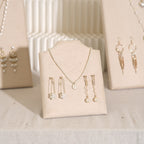 Beige Jewelry Display Set for Craft Fair Booth, Pavilion Necklace Bust, Ring Tray, Earring Stand, Market Table Props, Vegan Suede, Wood Core