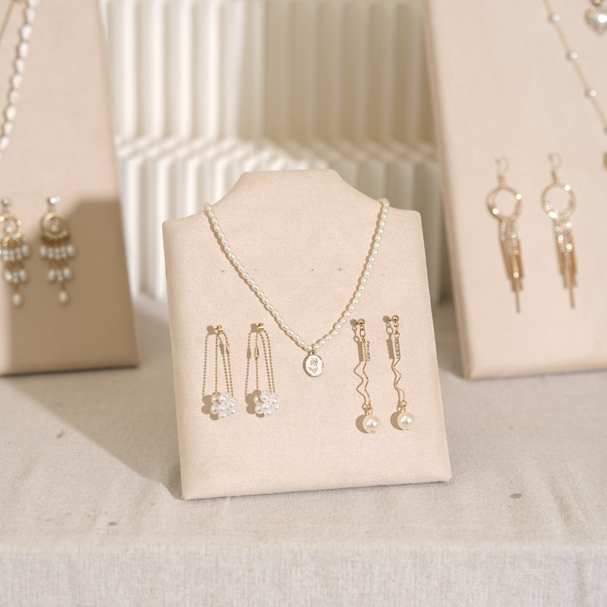 Beige Jewelry Display Set for Craft Fair Booth, Pavilion Necklace Bust, Ring Tray, Earring Stand, Market Table Props, Vegan Suede, Wood Core