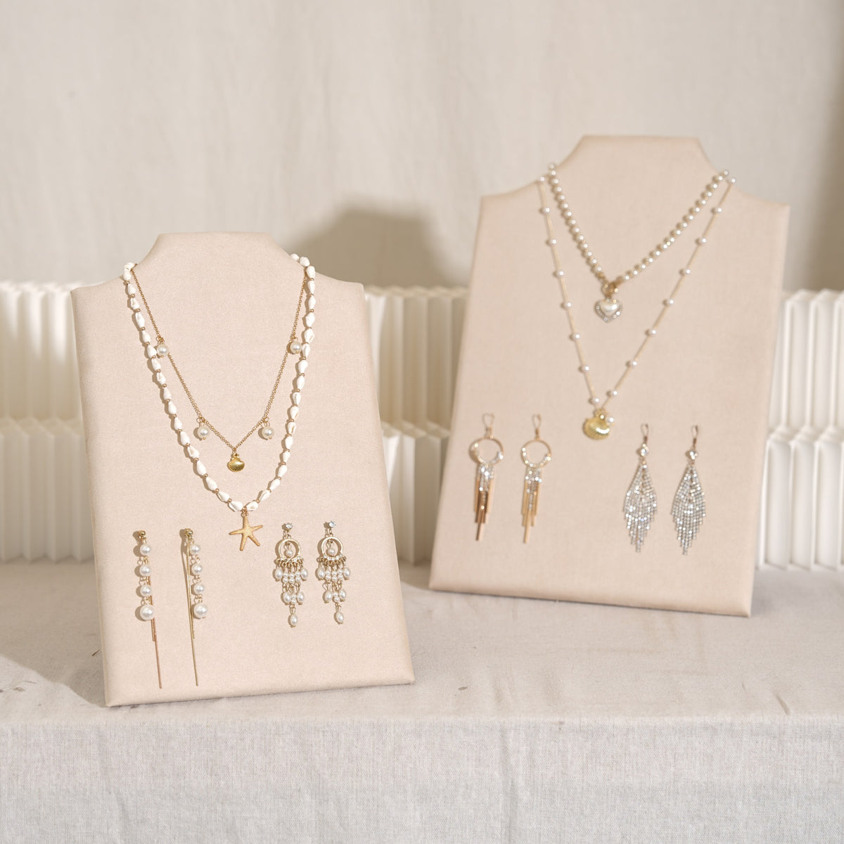 Beige Jewelry Display Set for Craft Fair Booth, Pavilion Necklace Bust, Ring Tray, Earring Stand, Market Table Props, Vegan Suede, Wood Core