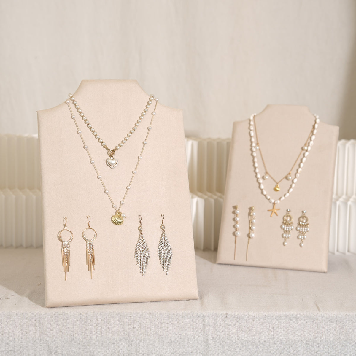 Beige Jewelry Display Set for Craft Fair Booth, Pavilion Necklace Bust, Ring Tray, Earring Stand, Market Table Props, Vegan Suede, Wood Core