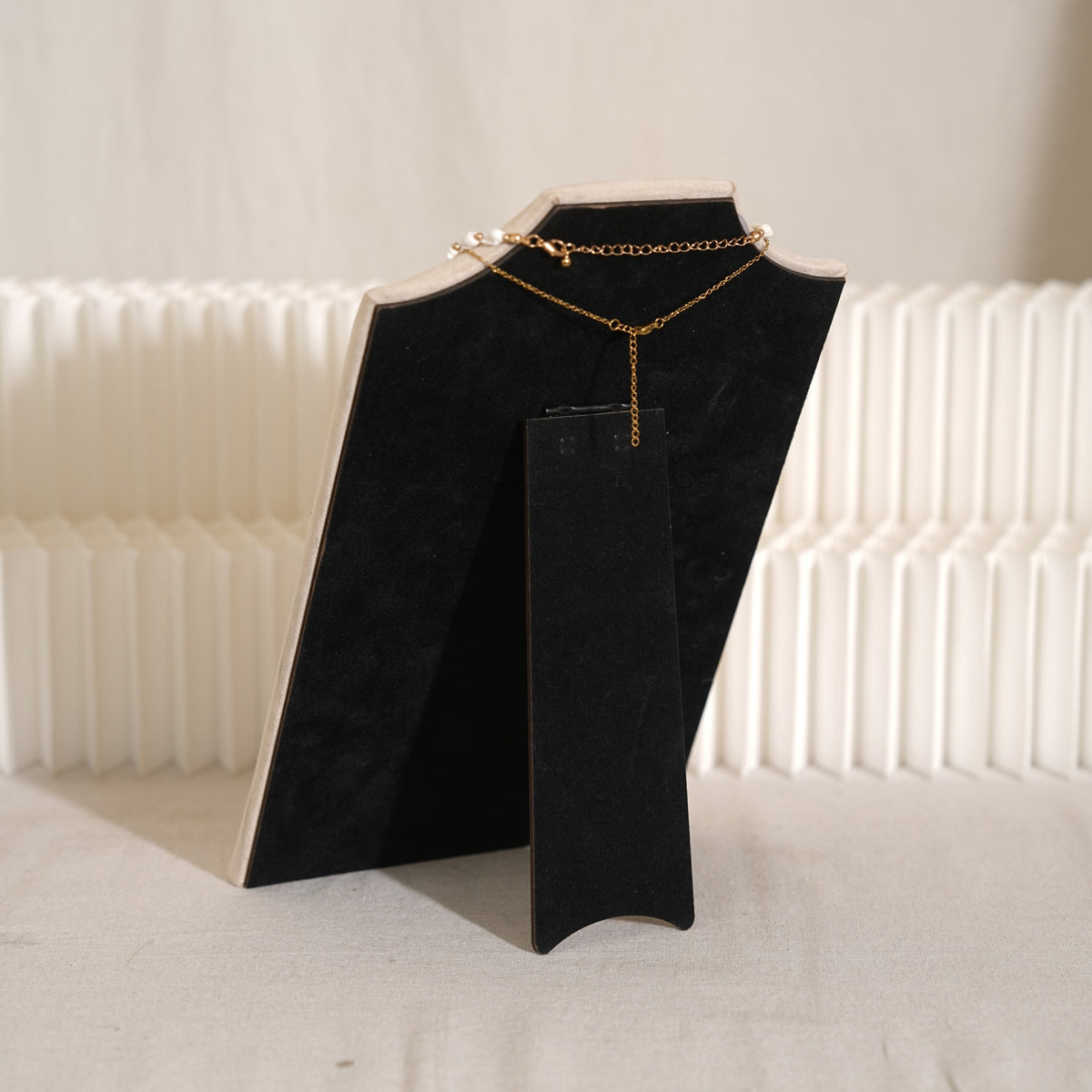 Beige Jewelry Display Set for Craft Fair Booth, Pavilion Necklace Bust, Ring Tray, Earring Stand, Market Table Props, Vegan Suede, Wood Core