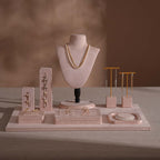 Vignette Jewelry Display Set for Boutique Case, Beige Vegan Suede Necklace Bust, Ring Tray, Earring Stand, Bracelet Dish, Photography Props