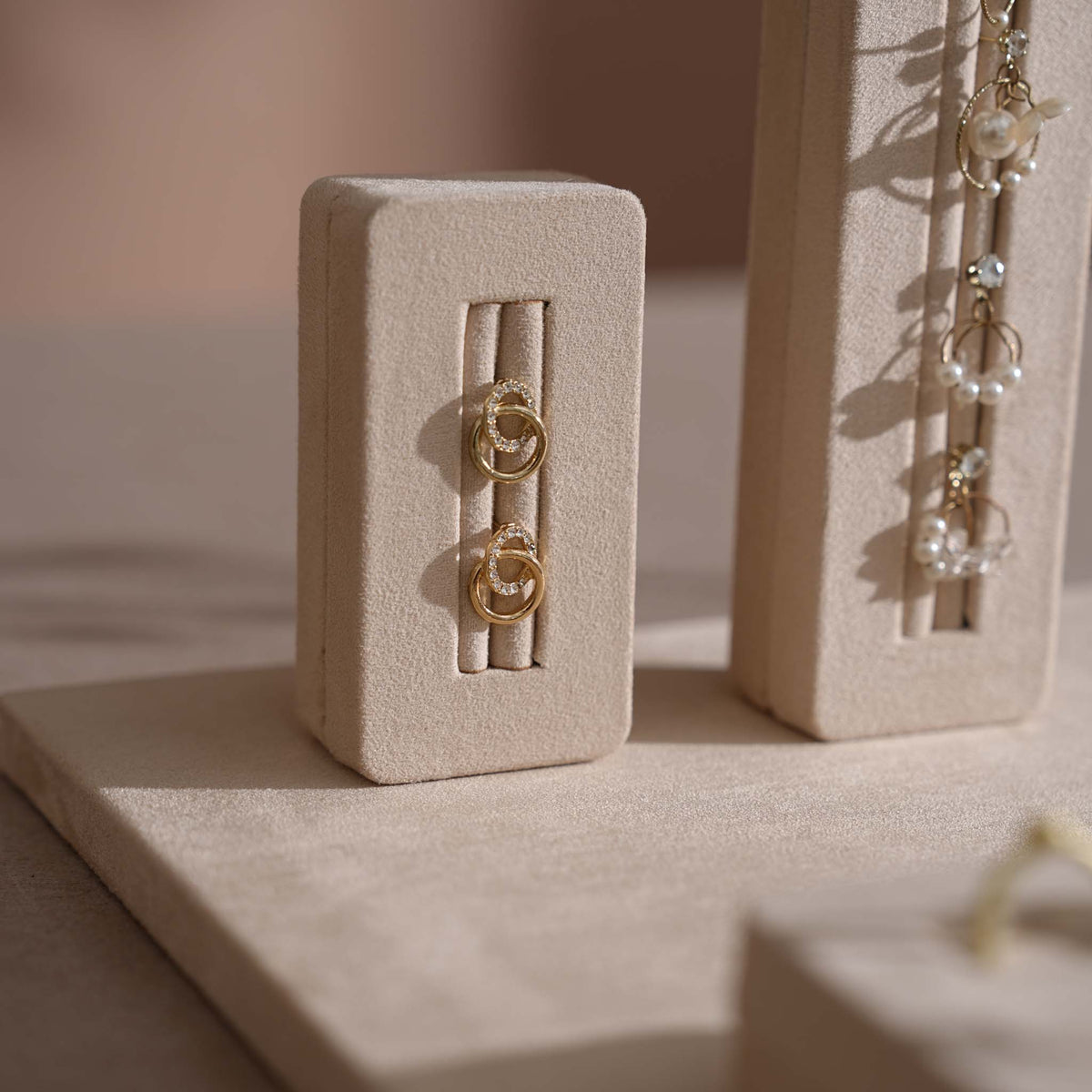 Vignette Jewelry Display Set for Boutique Case, Beige Vegan Suede Necklace Bust, Ring Tray, Earring Stand, Bracelet Dish, Photography Props