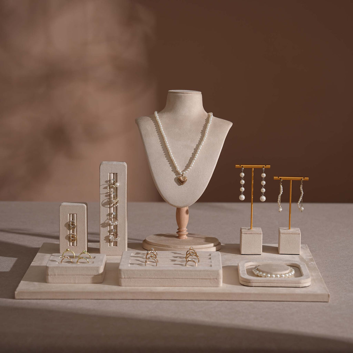 Vignette Jewelry Display Set for Boutique Case, Beige Vegan Suede Necklace Bust, Ring Tray, Earring Stand, Bracelet Dish, Photography Props