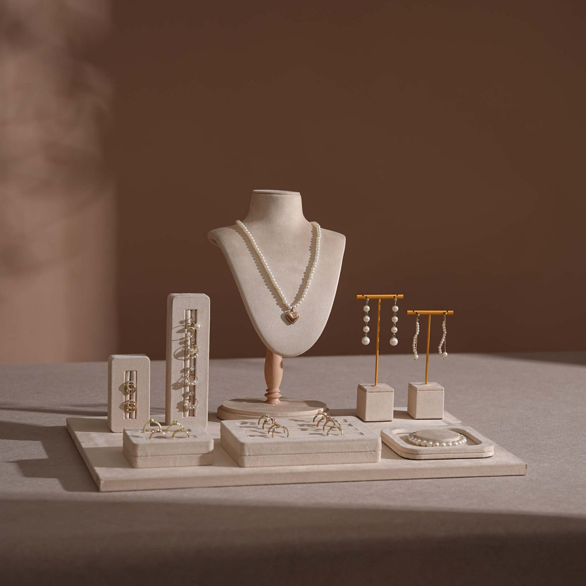 Vignette Jewelry Display Set for Boutique Case, Beige Vegan Suede Necklace Bust, Ring Tray, Earring Stand, Bracelet Dish, Photography Props