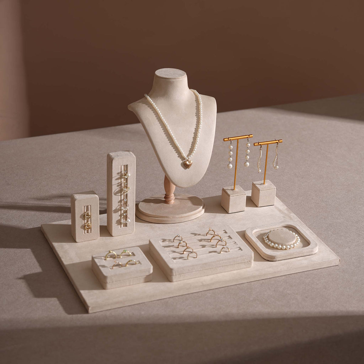Vignette Jewelry Display Set for Boutique Case, Beige Vegan Suede Necklace Bust, Ring Tray, Earring Stand, Bracelet Dish, Photography Props