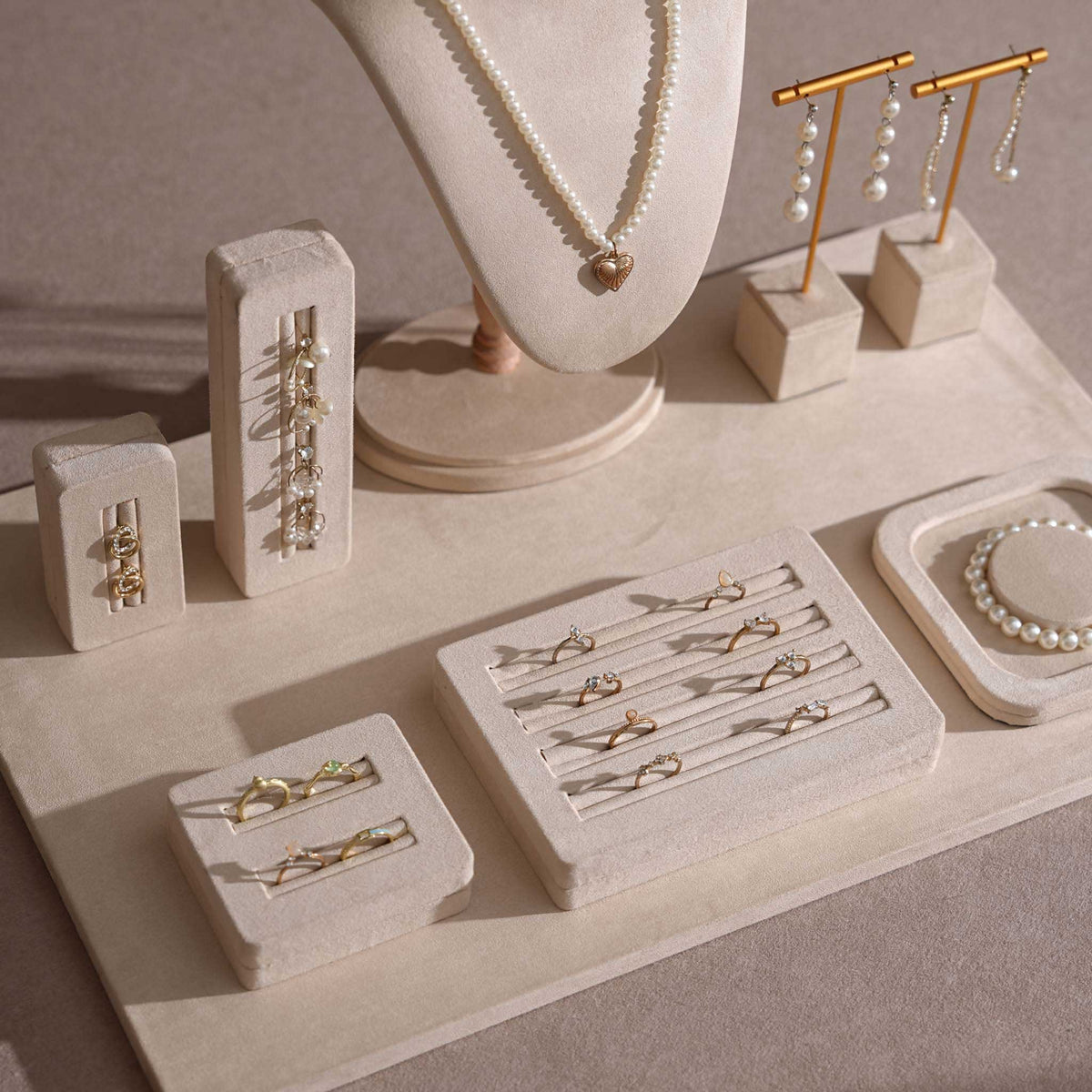 Vignette Jewelry Display Set for Boutique Case, Beige Vegan Suede Necklace Bust, Ring Tray, Earring Stand, Bracelet Dish, Photography Props