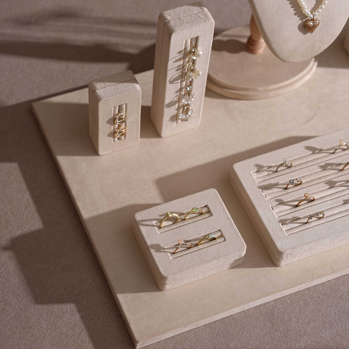 Vignette Jewelry Display Set for Boutique Case, Beige Vegan Suede Necklace Bust, Ring Tray, Earring Stand, Bracelet Dish, Photography Props