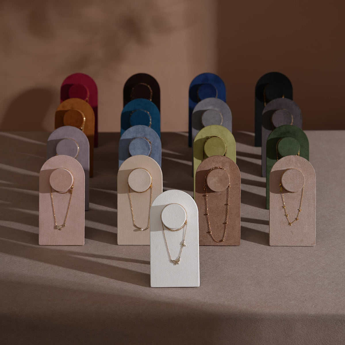 Arco Necklace Display Stand, Vegan Suede Pendant Board with Easel Back for Boutique Counter, Product Photography Prop, 2 Heights, 17 Colors