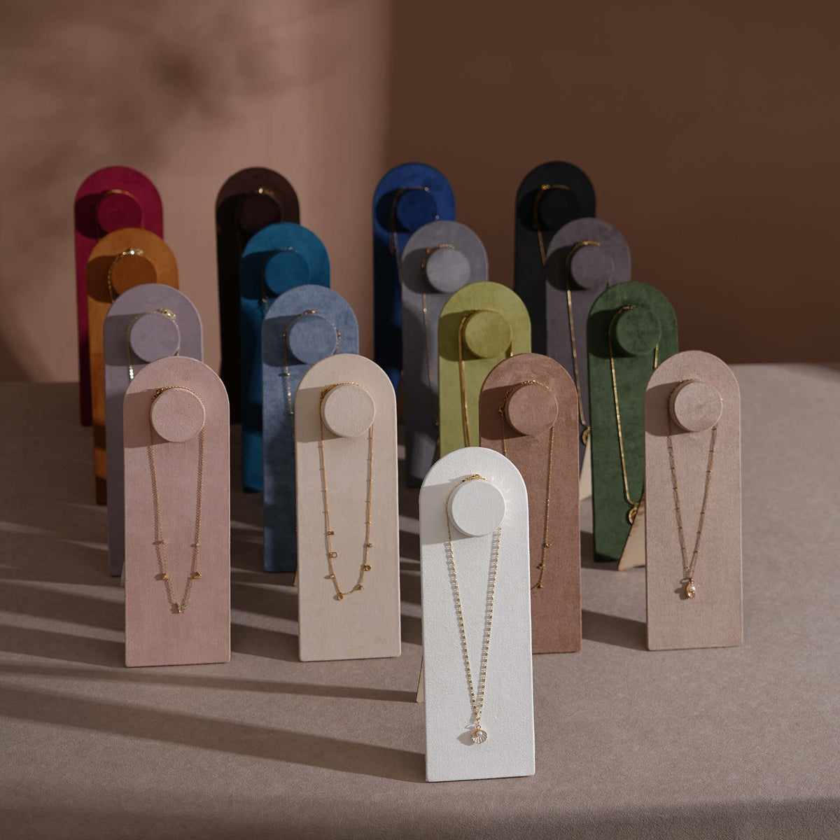 Arco Necklace Display Stand, Vegan Suede Pendant Board with Easel Back for Boutique Counter, Product Photography Prop, 2 Heights, 17 Colors