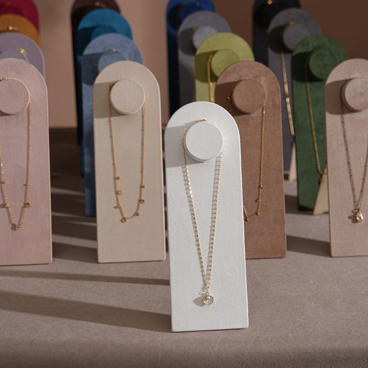 Arco Necklace Display Stand, Vegan Suede Pendant Board with Easel Back for Boutique Counter, Product Photography Prop, 2 Heights, 17 Colors