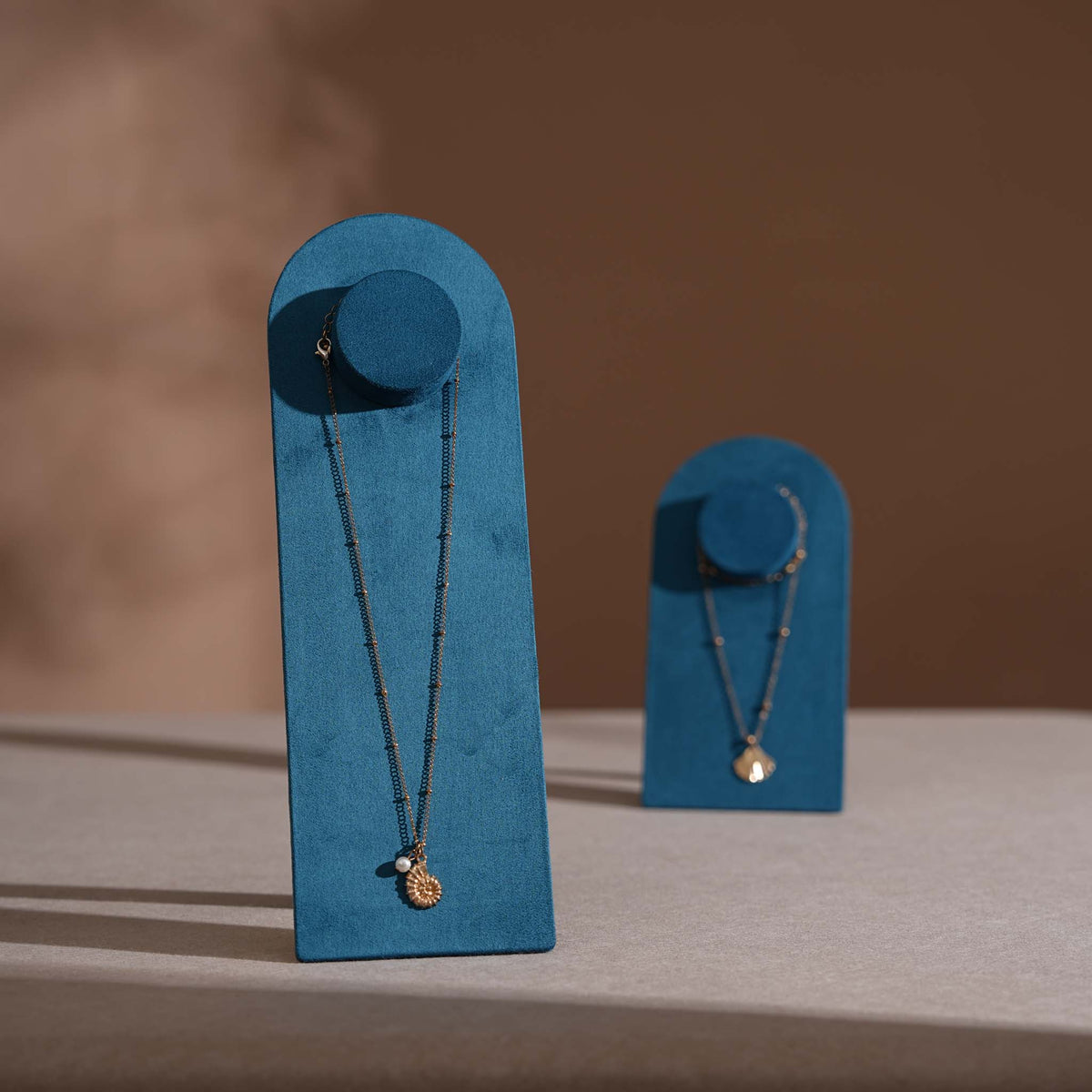 Arco Necklace Display Stand, Vegan Suede Pendant Board with Easel Back for Boutique Counter, Product Photography Prop, 2 Heights, 17 Colors