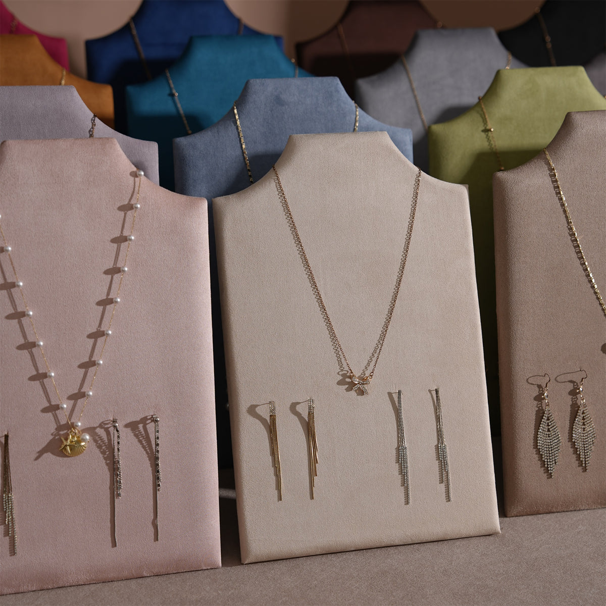 Easel Earring & Necklace Storage Bust – Flat Display Board with Kickstand, Earring Holder, Vegan Suede, 3 Sizes