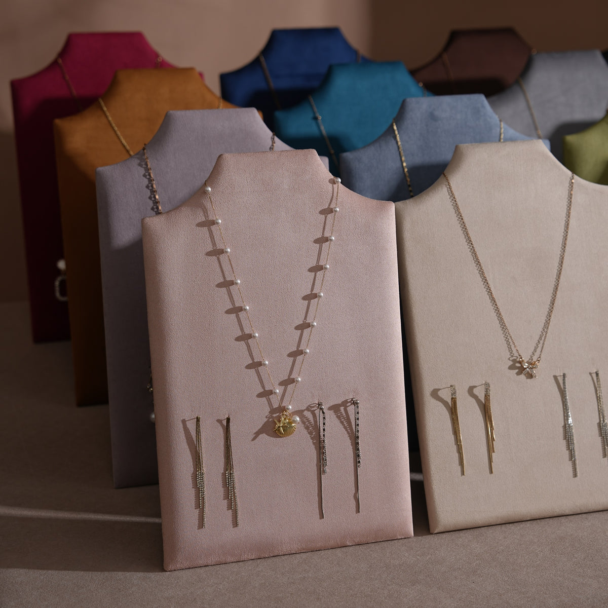 Easel Earring & Necklace Storage Bust – Flat Display Board with Kickstand, Earring Holder, Vegan Suede, 3 Sizes