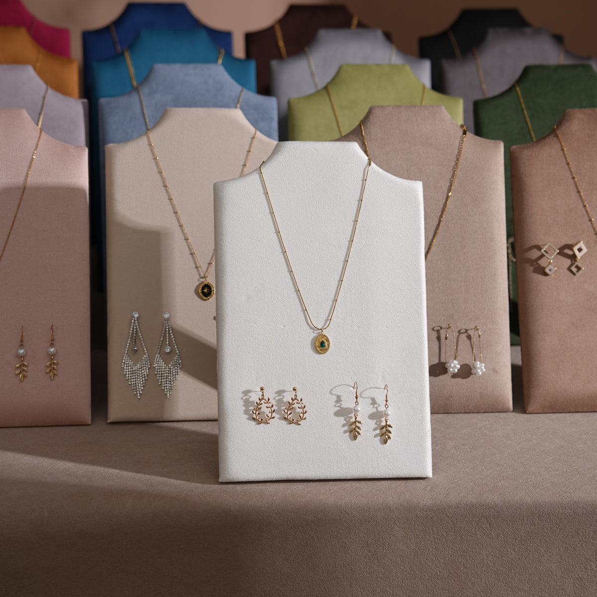Easel Earring & Necklace Storage Bust – Flat Display Board with Kickstand, Earring Holder, Vegan Suede, 3 Sizes