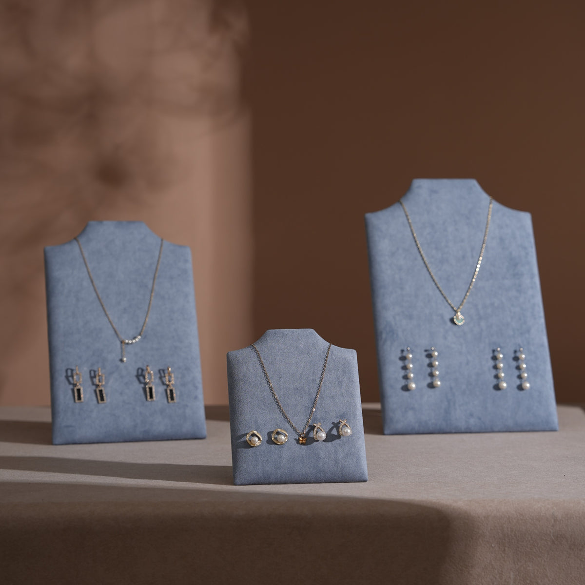 Easel Earring & Necklace Storage Bust – Flat Display Board with Kickstand, Earring Holder, Vegan Suede, 3 Sizes