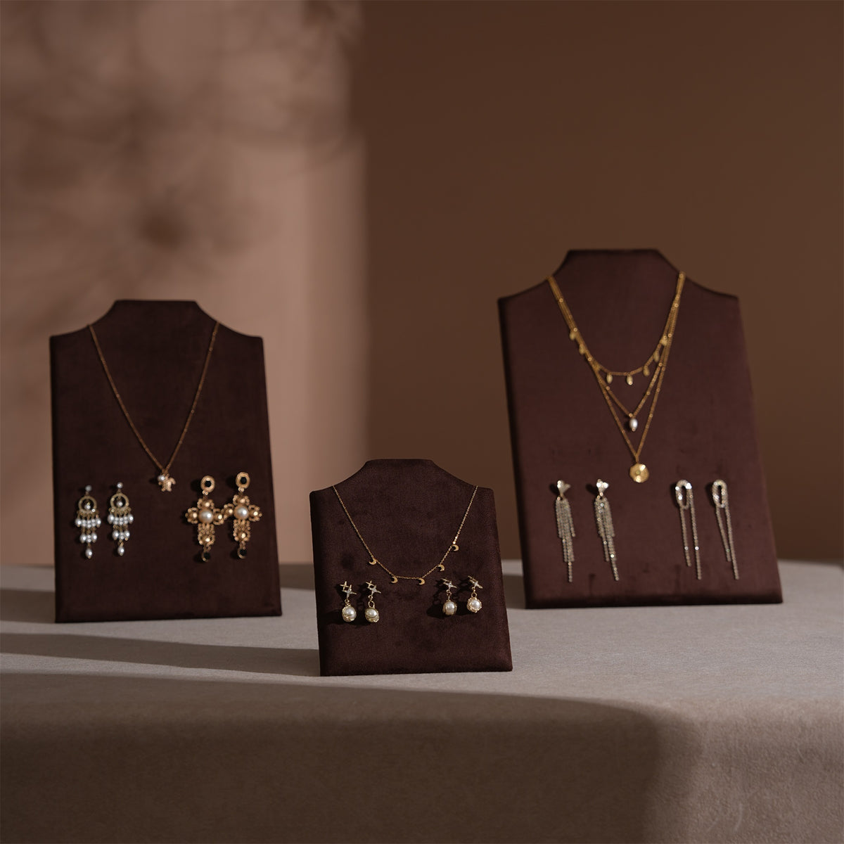 Easel Earring & Necklace Storage Bust – Flat Display Board with Kickstand, Earring Holder, Vegan Suede, 3 Sizes