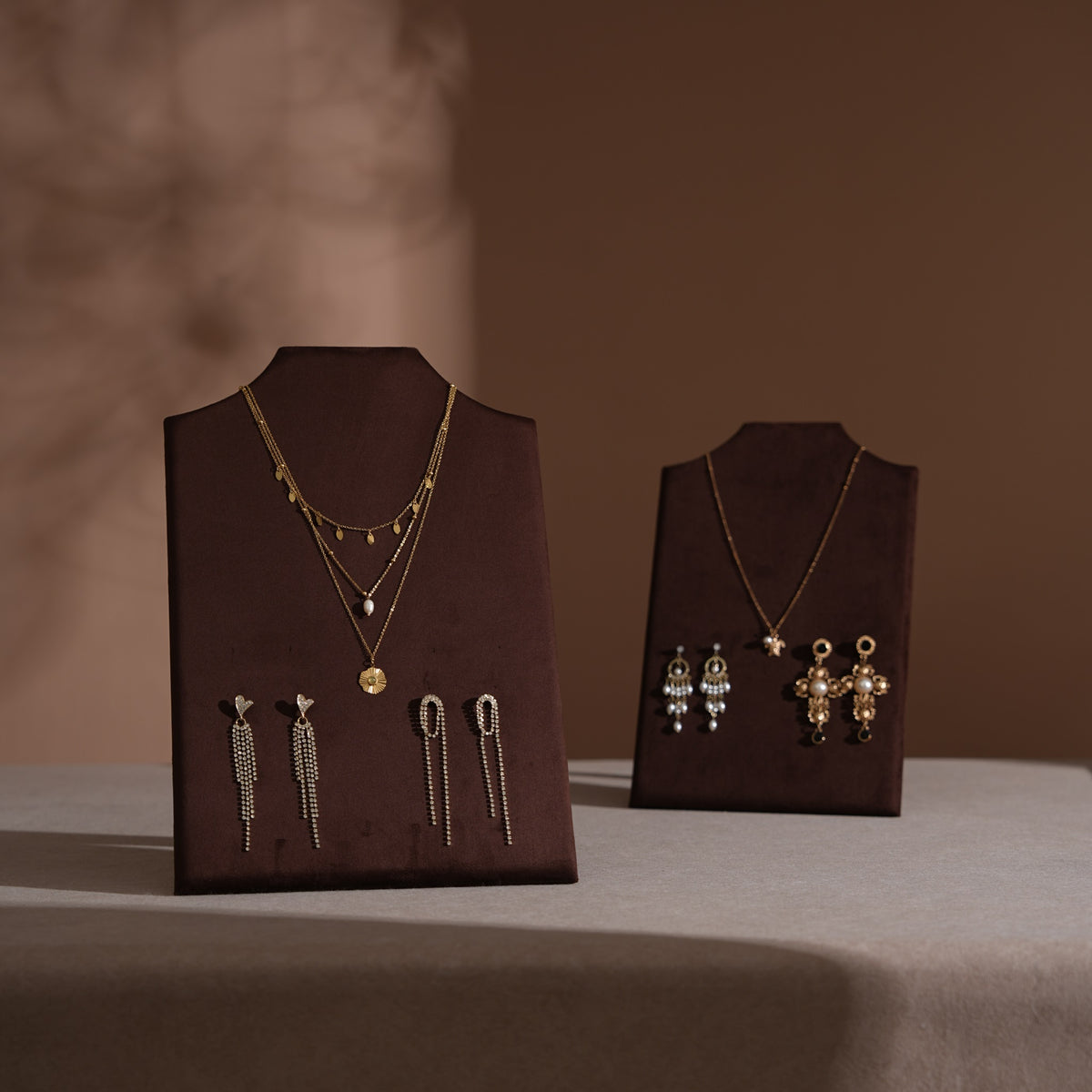Easel Earring & Necklace Storage Bust – Flat Display Board with Kickstand, Earring Holder, Vegan Suede, 3 Sizes