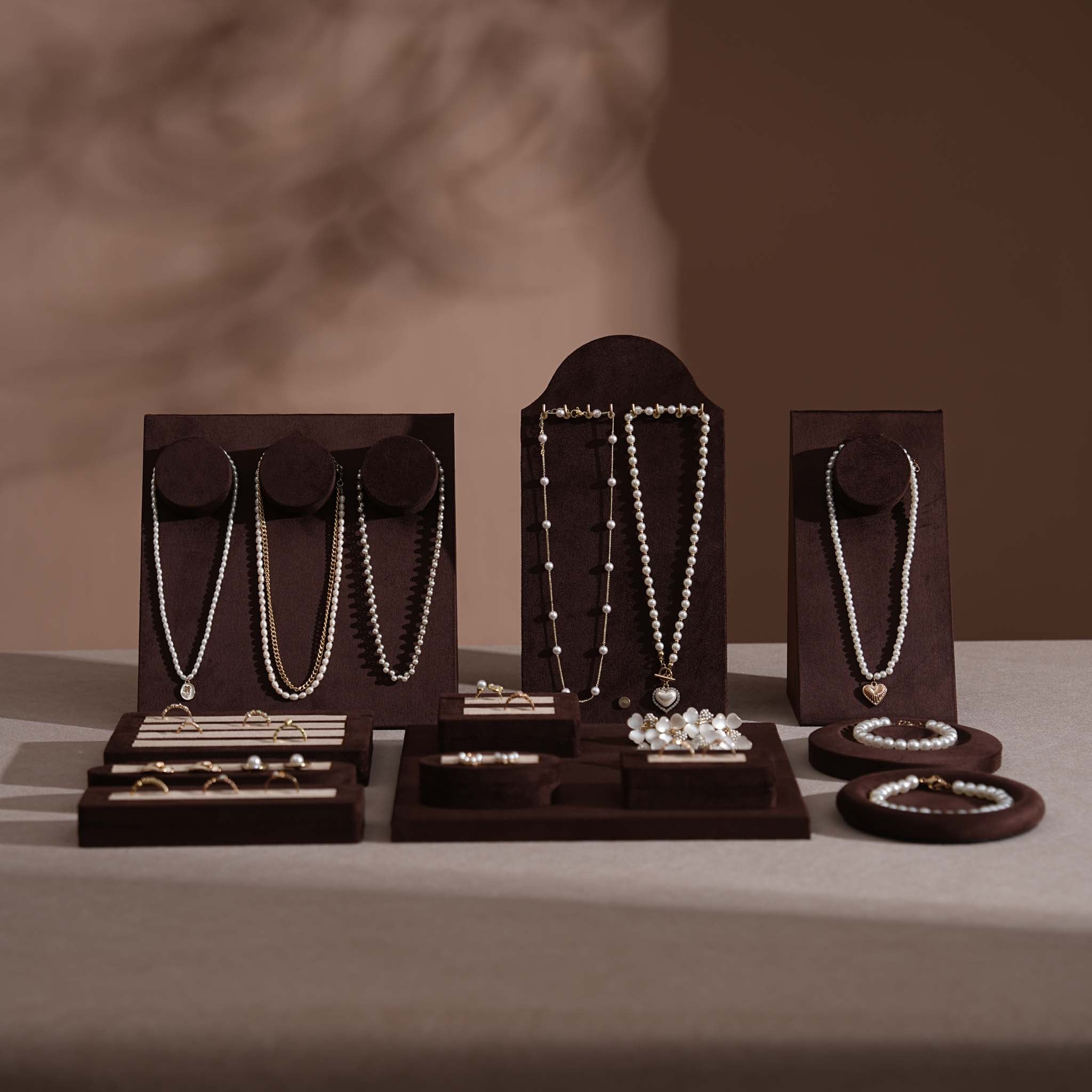 Ensemble Jewelry Display Set for Retail Counter & Product Photography, Vegan Suede Ring Trays & Risers