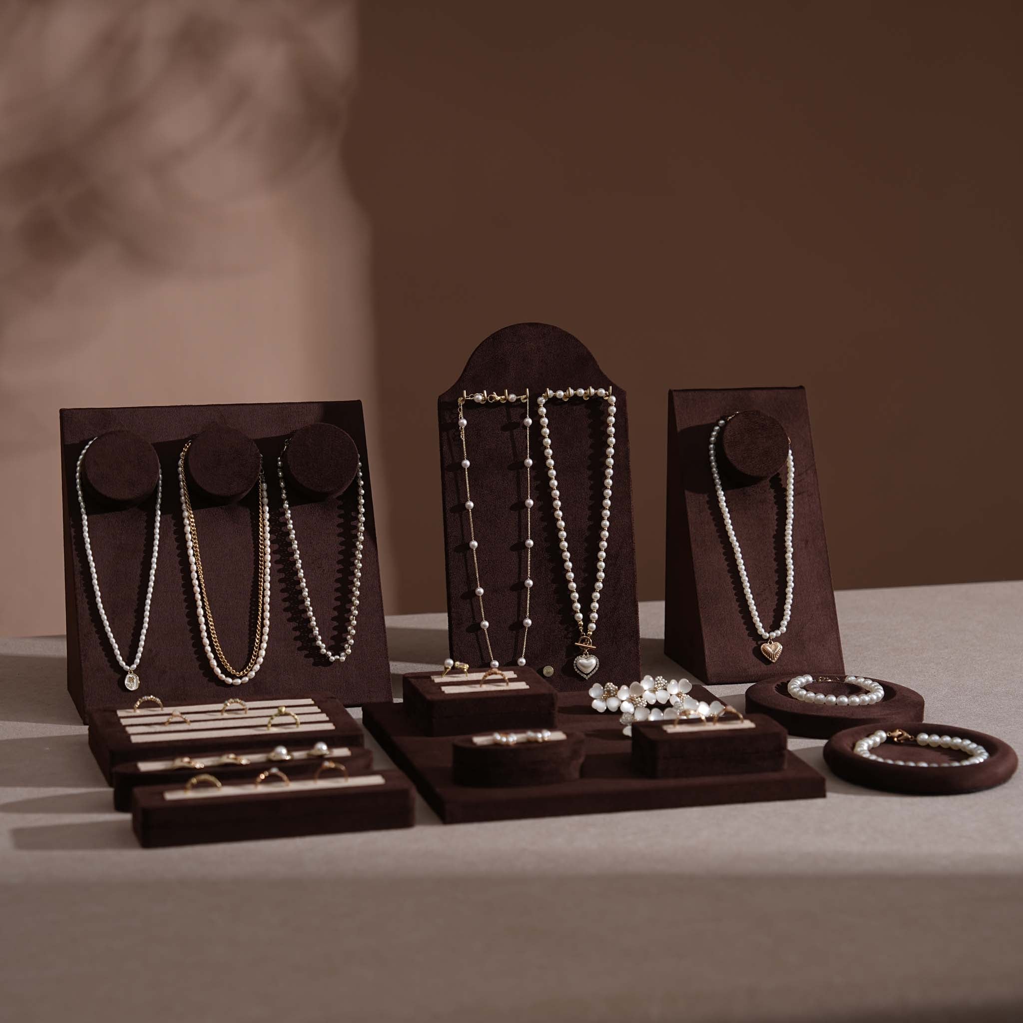 Ensemble Jewelry Display Set for Retail Counter & Product Photography, Vegan Suede Ring Trays & Risers