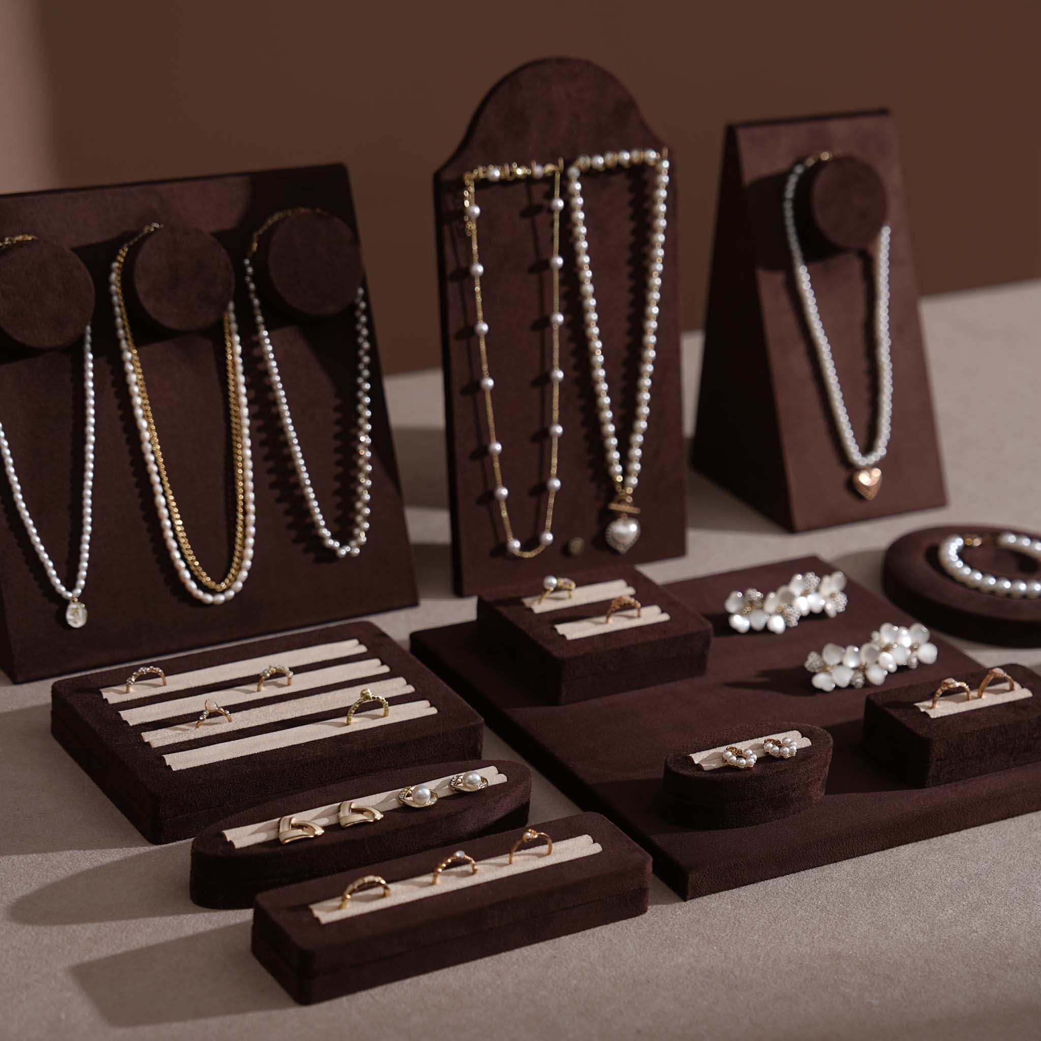 Ensemble Jewelry Display Set for Retail Counter & Product Photography, Vegan Suede Ring Trays & Risers