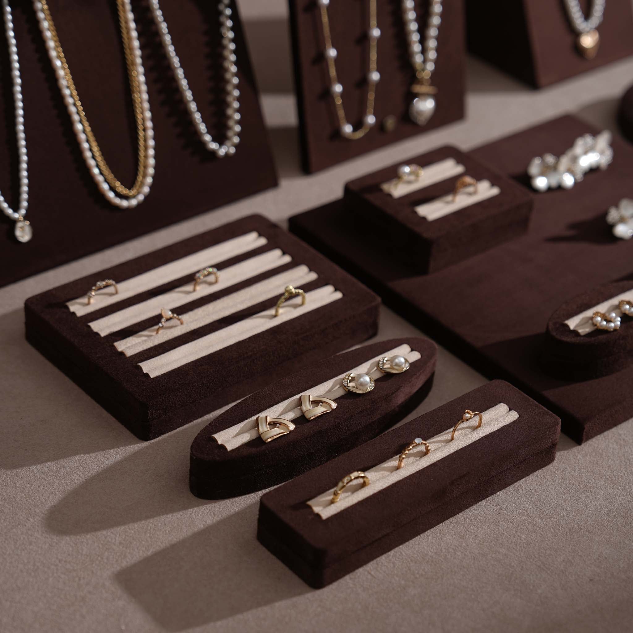 Ensemble Jewelry Display Set for Retail Counter & Product Photography, Vegan Suede Ring Trays & Risers