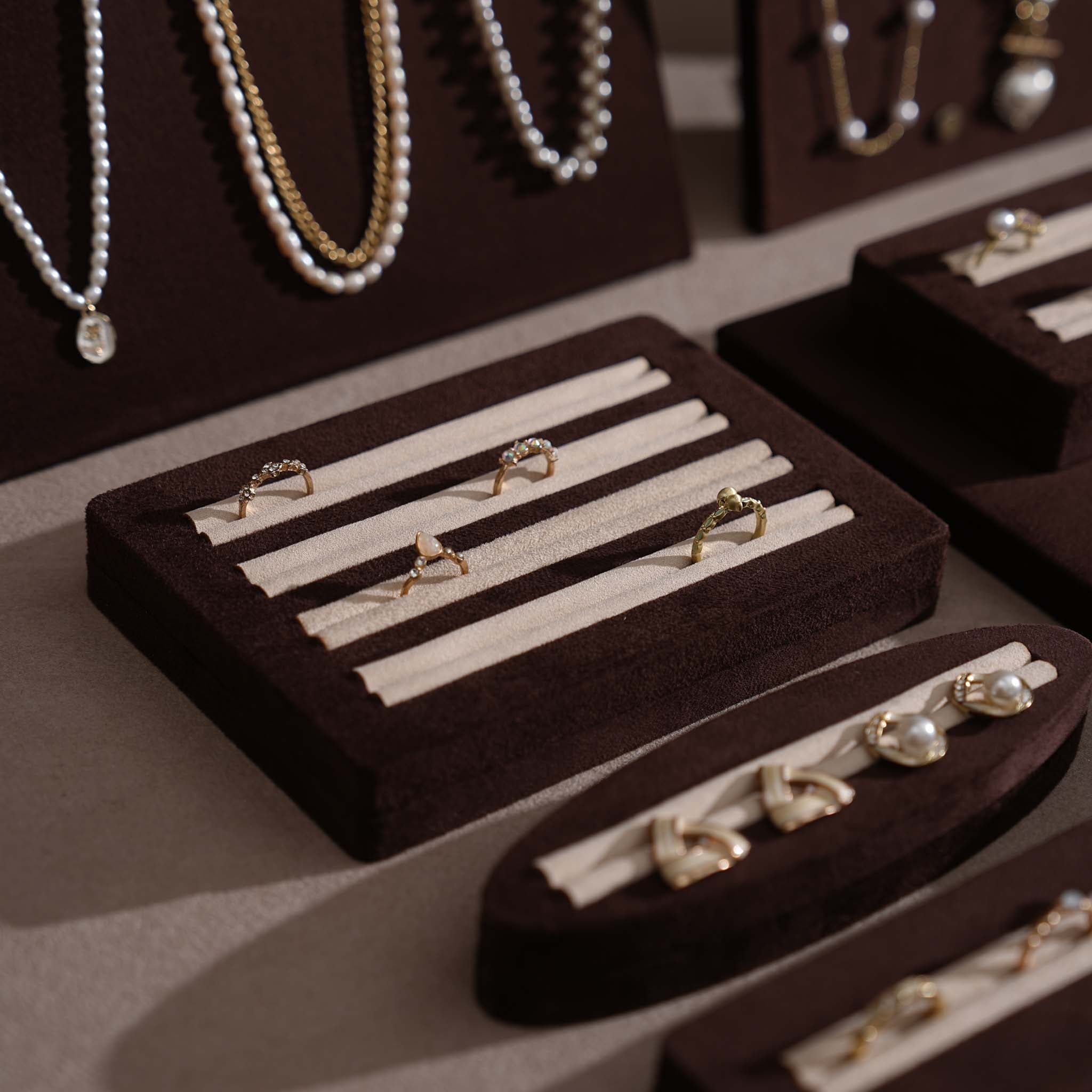 Ensemble Jewelry Display Set for Retail Counter & Product Photography, Vegan Suede Ring Trays & Risers