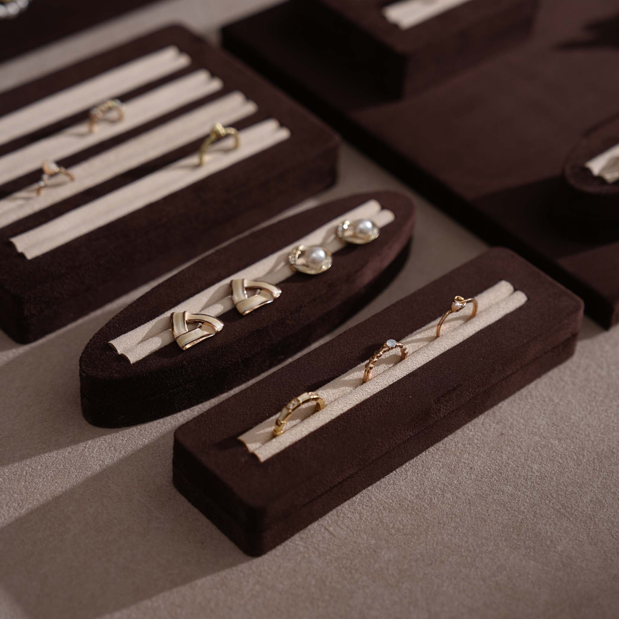 Ensemble Jewelry Display Set for Retail Counter & Product Photography, Vegan Suede Ring Trays & Risers