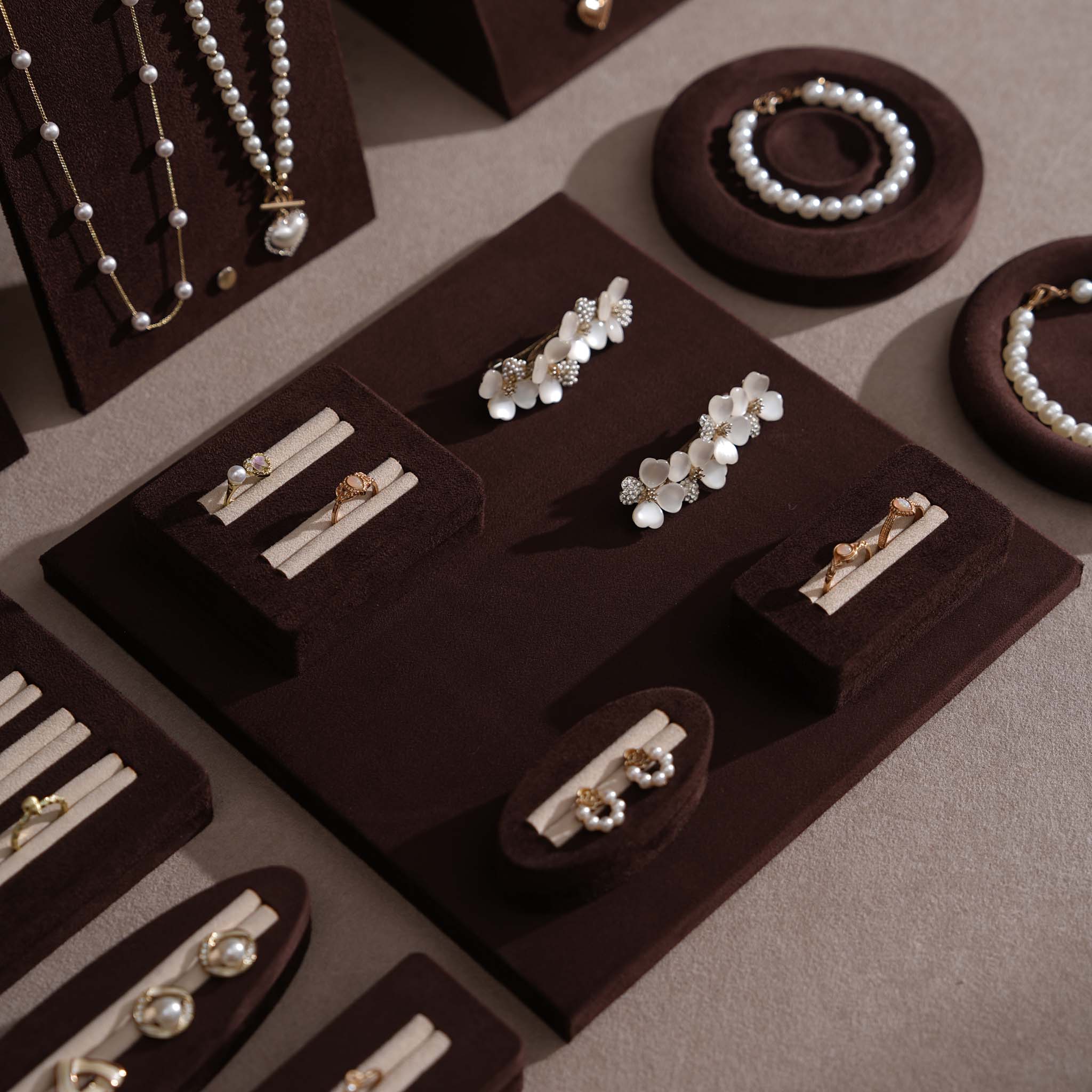 Ensemble Jewelry Display Set for Retail Counter & Product Photography, Vegan Suede Ring Trays & Risers