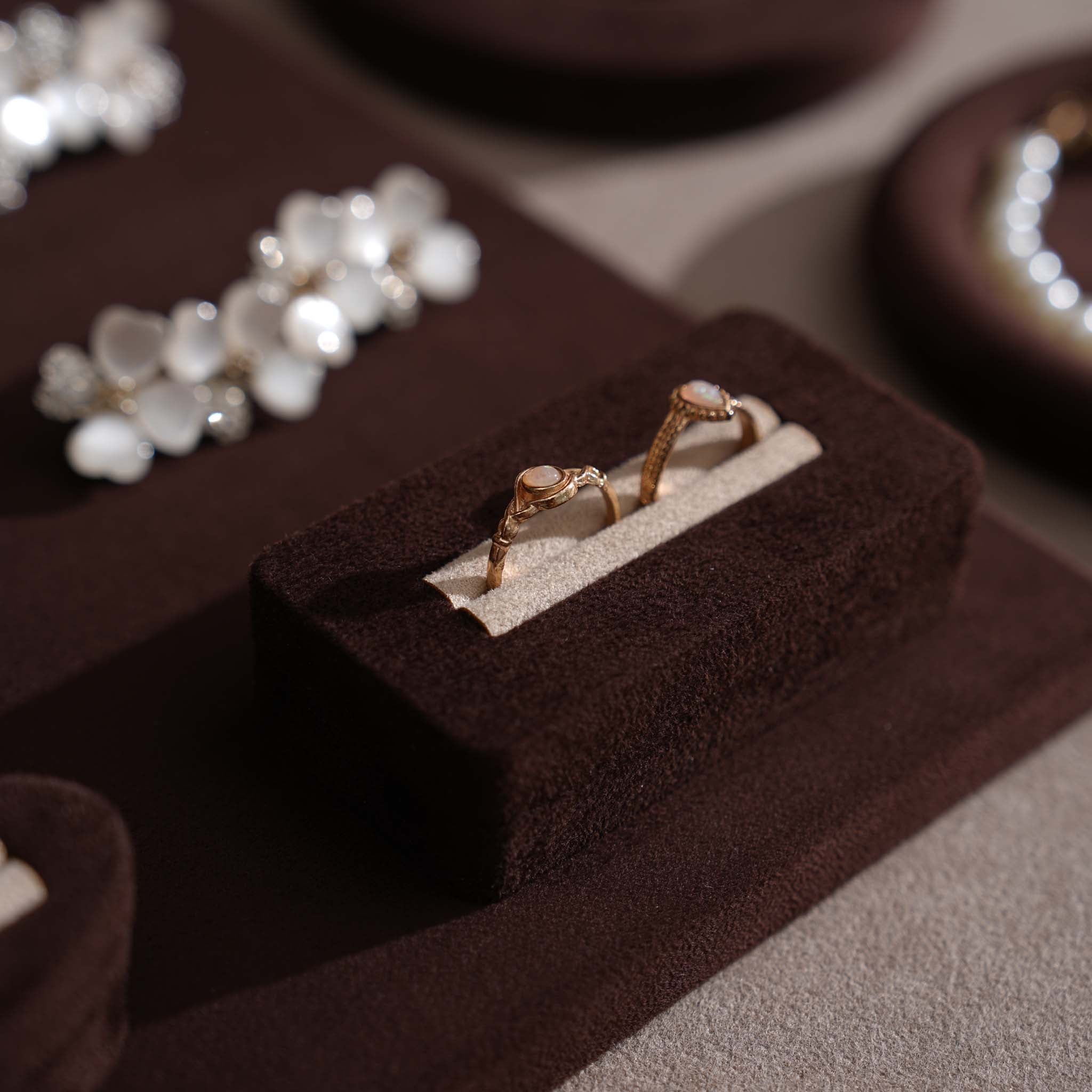 Ensemble Jewelry Display Set for Retail Counter & Product Photography, Vegan Suede Ring Trays & Risers