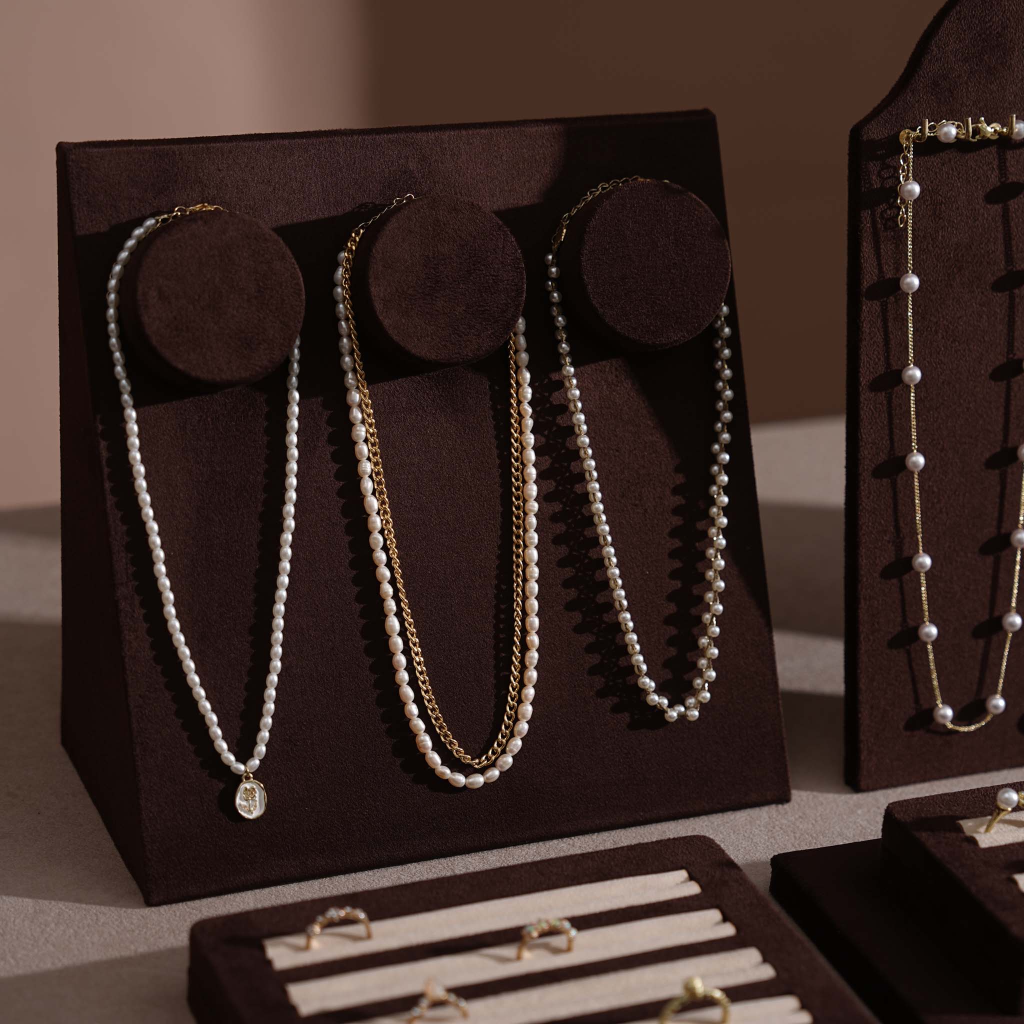 Ensemble Jewelry Display Set for Retail Counter & Product Photography, Vegan Suede Ring Trays & Risers