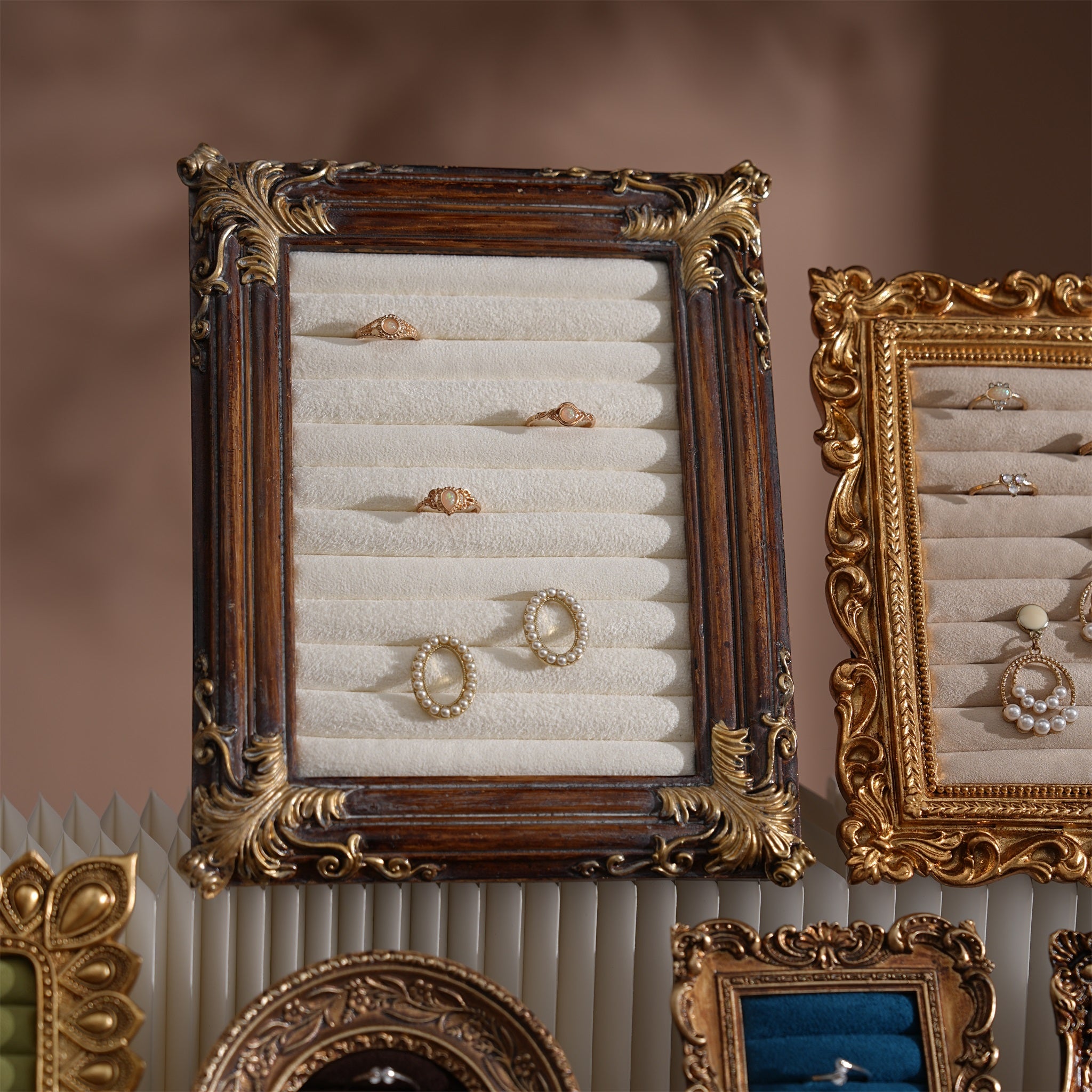 Rococo Ring & Earring Display Frame, Wall Hanging or Standing Vegan Suede Holder