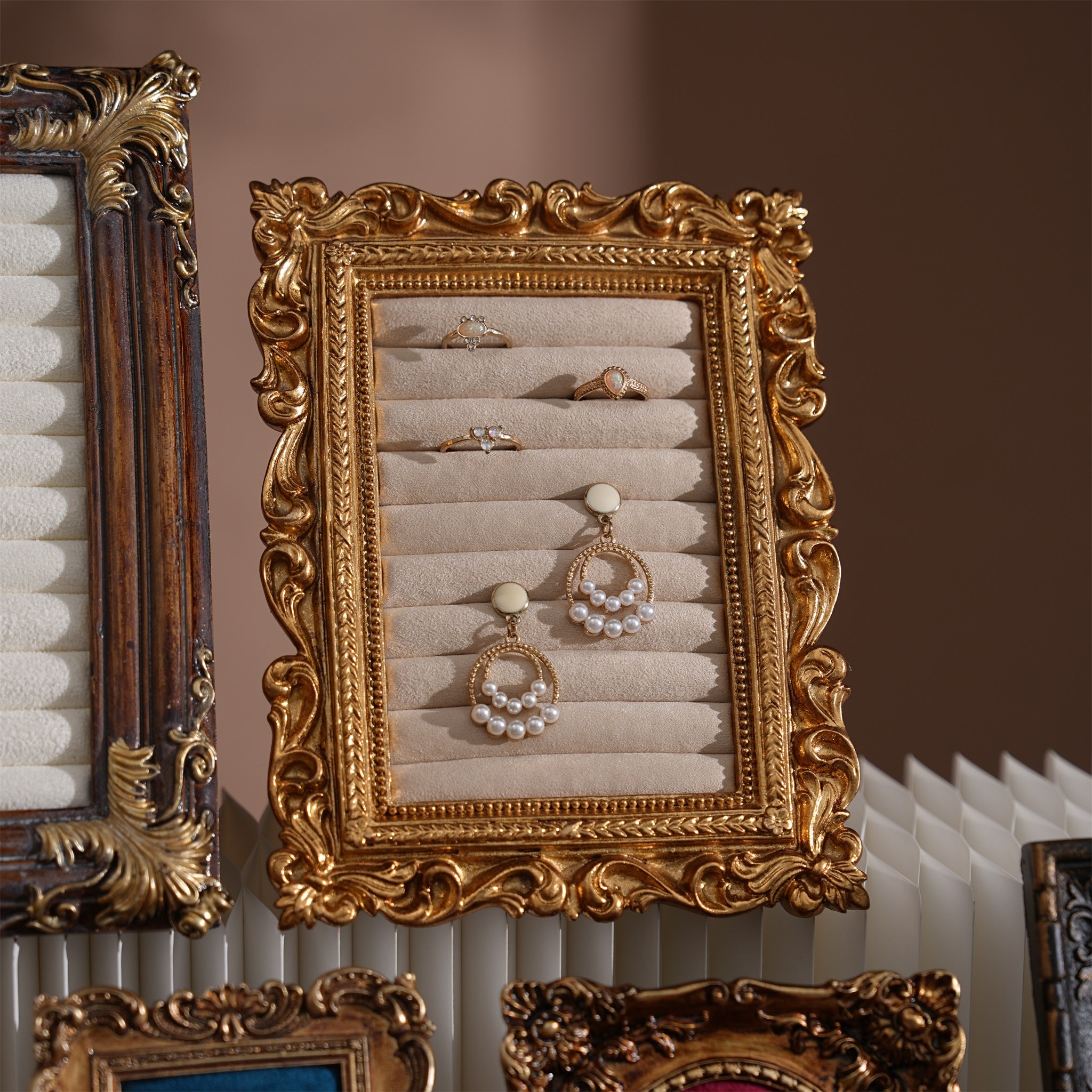 Rococo Ring & Earring Display Frame, Wall Hanging or Standing Vegan Suede Holder