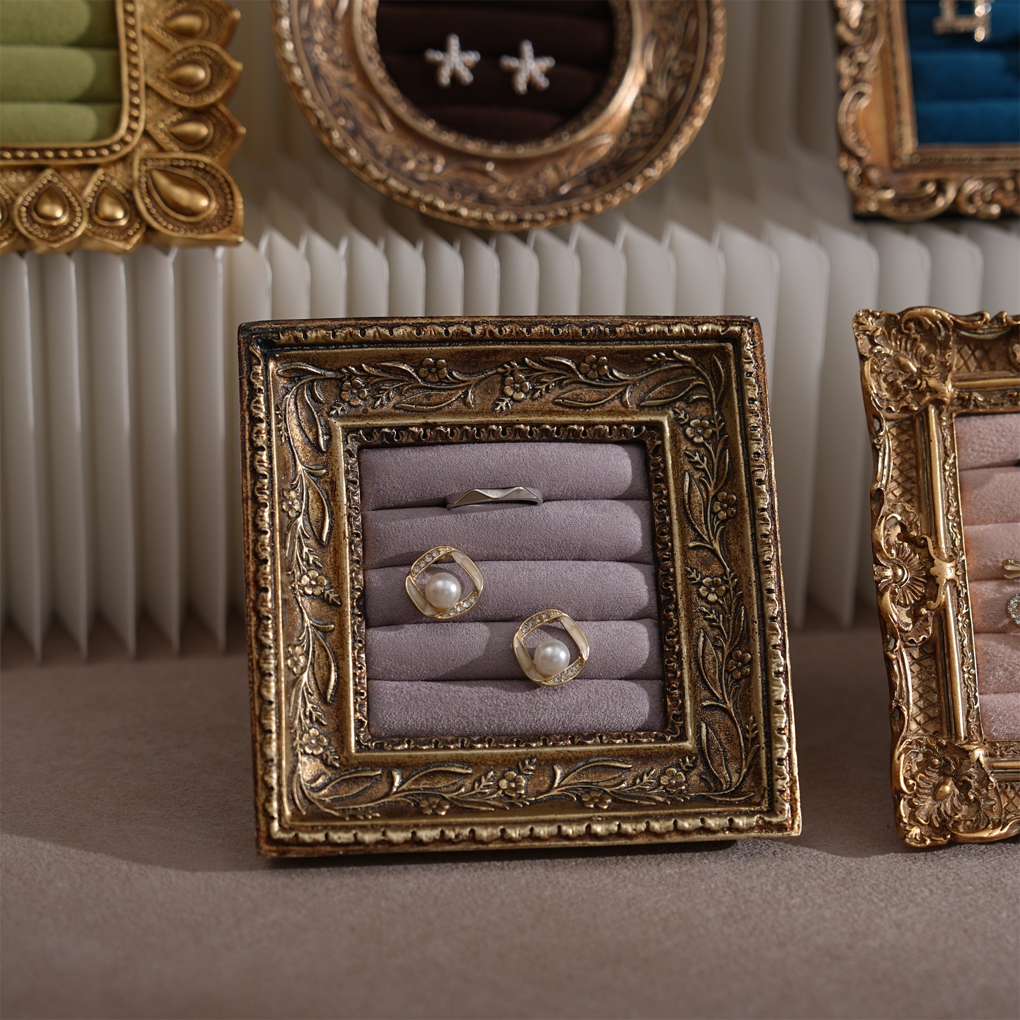 Rococo Ring & Earring Display Frame, Wall Hanging or Standing Vegan Suede Holder