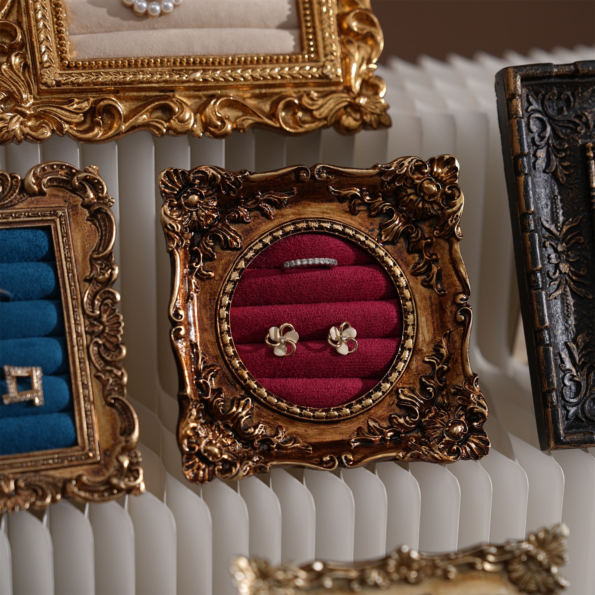 Rococo Ring & Earring Display Frame, Wall Hanging or Standing Vegan Suede Holder