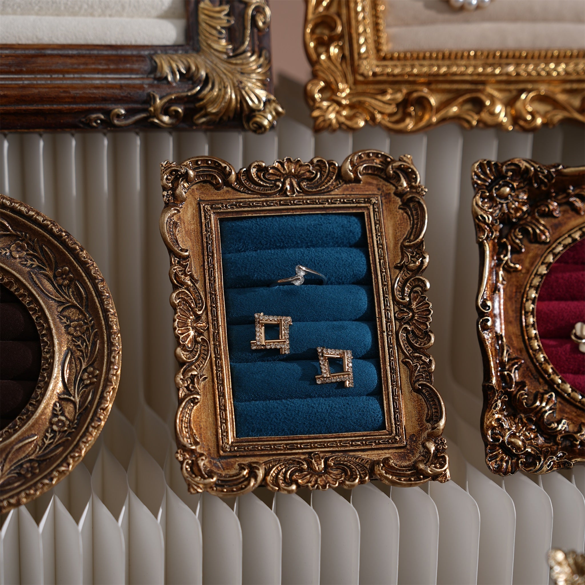 Rococo Ring & Earring Display Frame, Wall Hanging or Standing Vegan Suede Holder