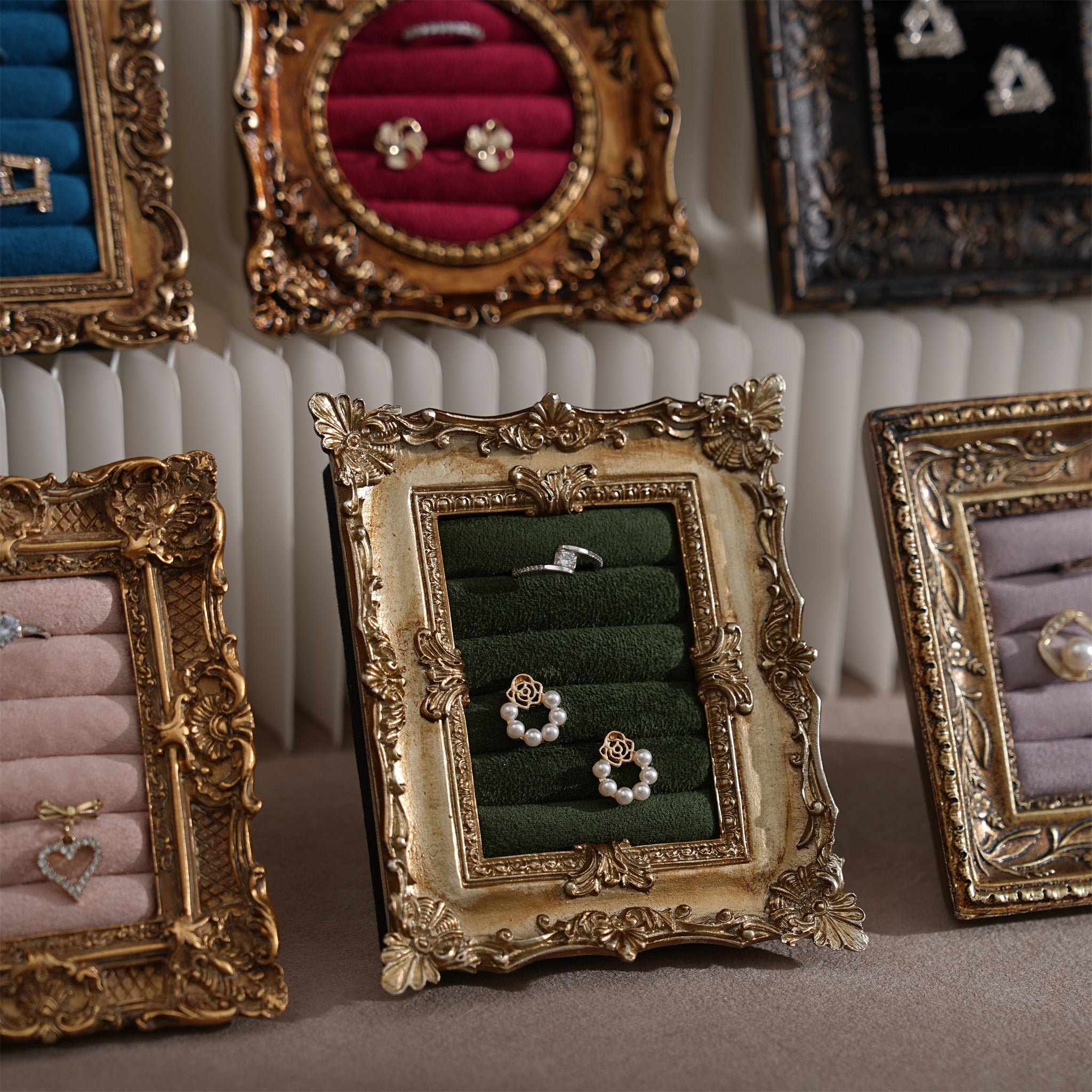 Rococo Ring & Earring Display Frame, Wall Hanging or Standing Vegan Suede Holder