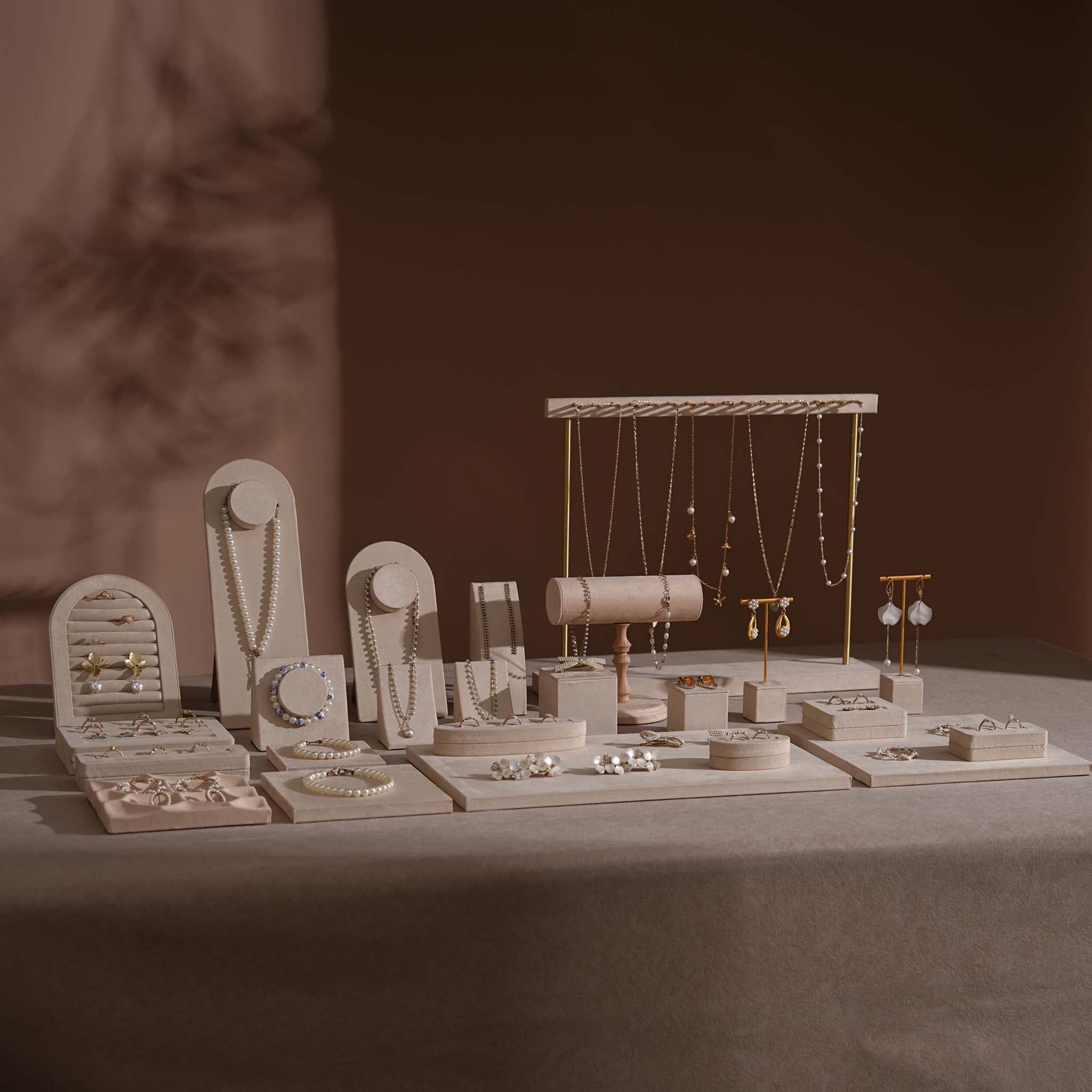 Beige Vegan Suede Jewelry Display 24 PCs Set