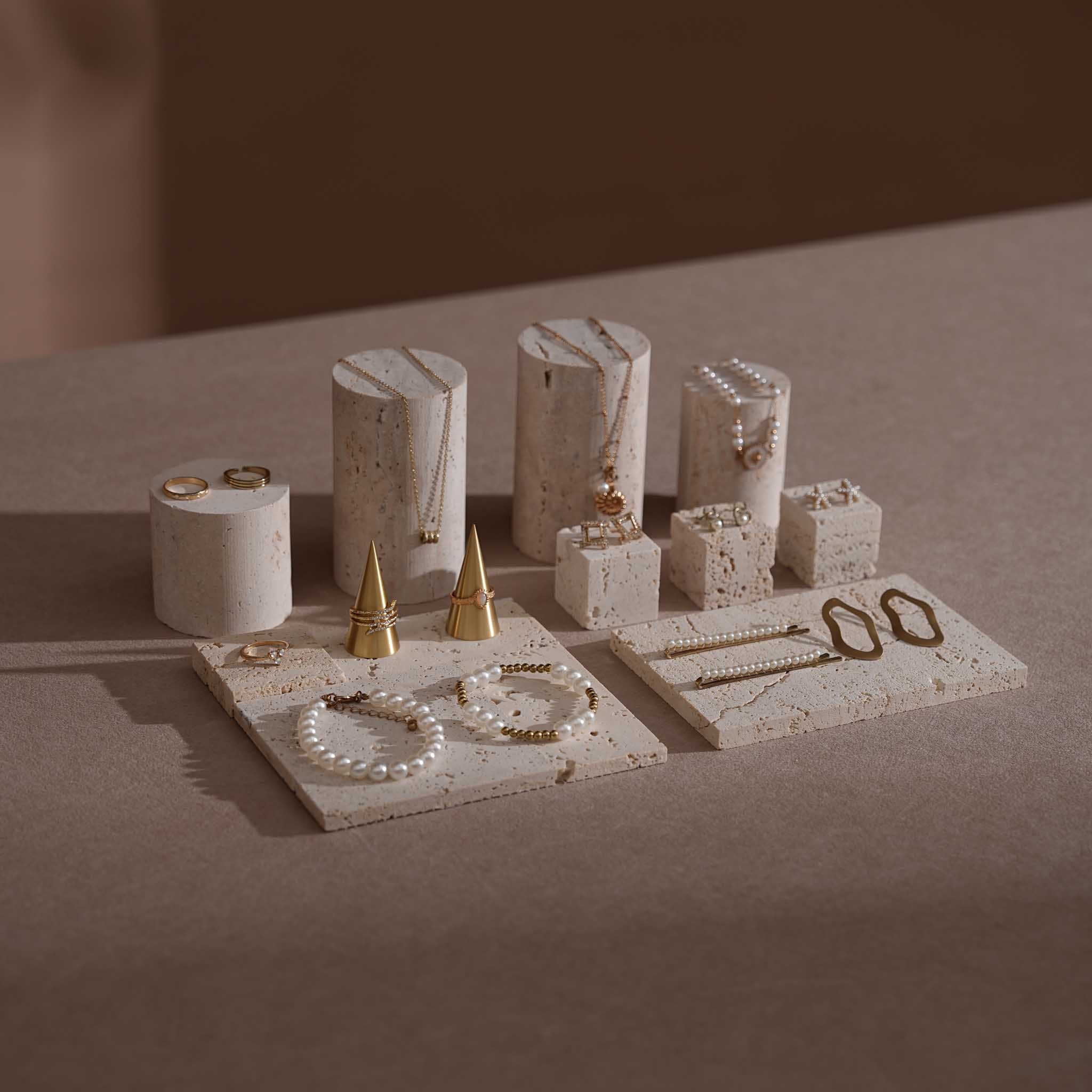 Yellow Travertine & Brass Jewelry Display Set | 11 Pieces
