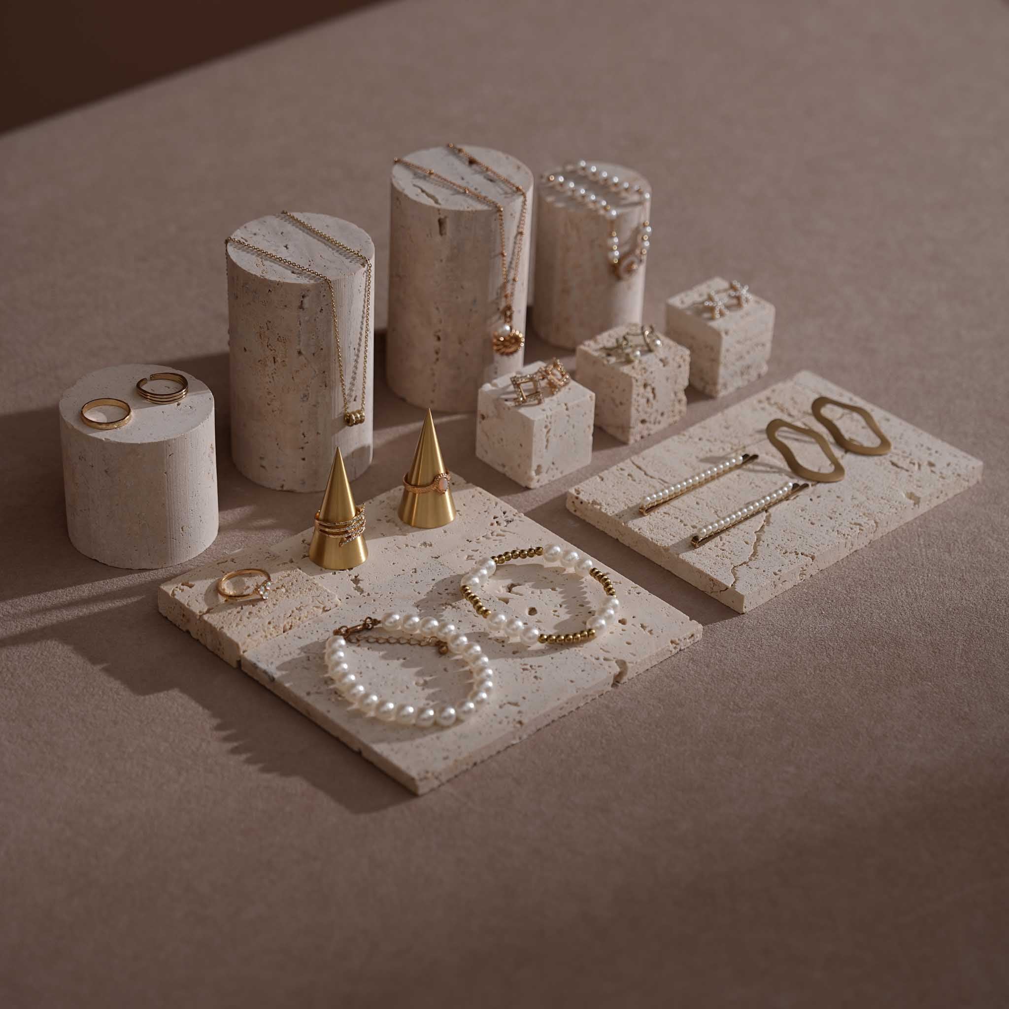 Yellow Travertine & Brass Jewelry Display Set | 11 Pieces