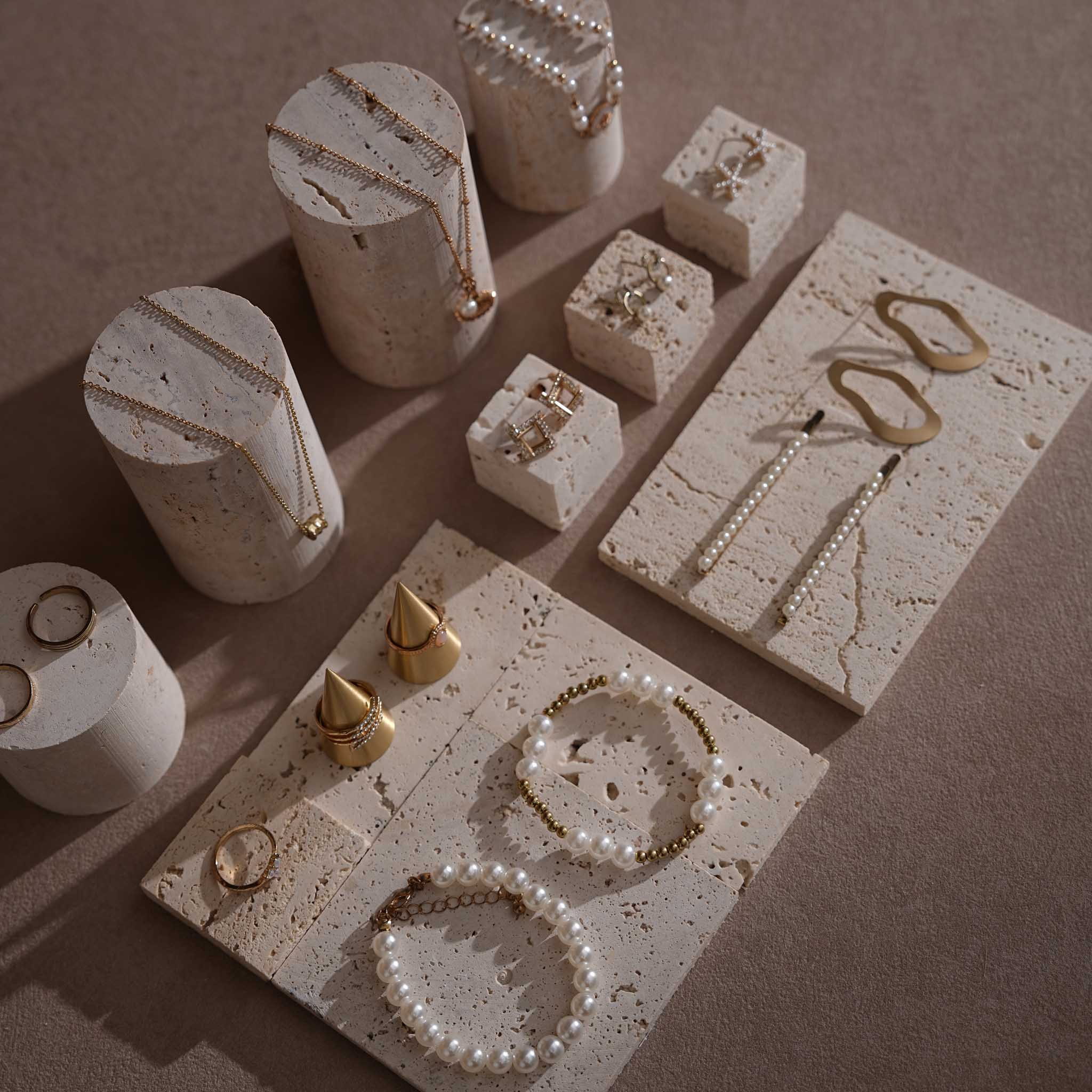 Yellow Travertine & Brass Jewelry Display Set | 11 Pieces