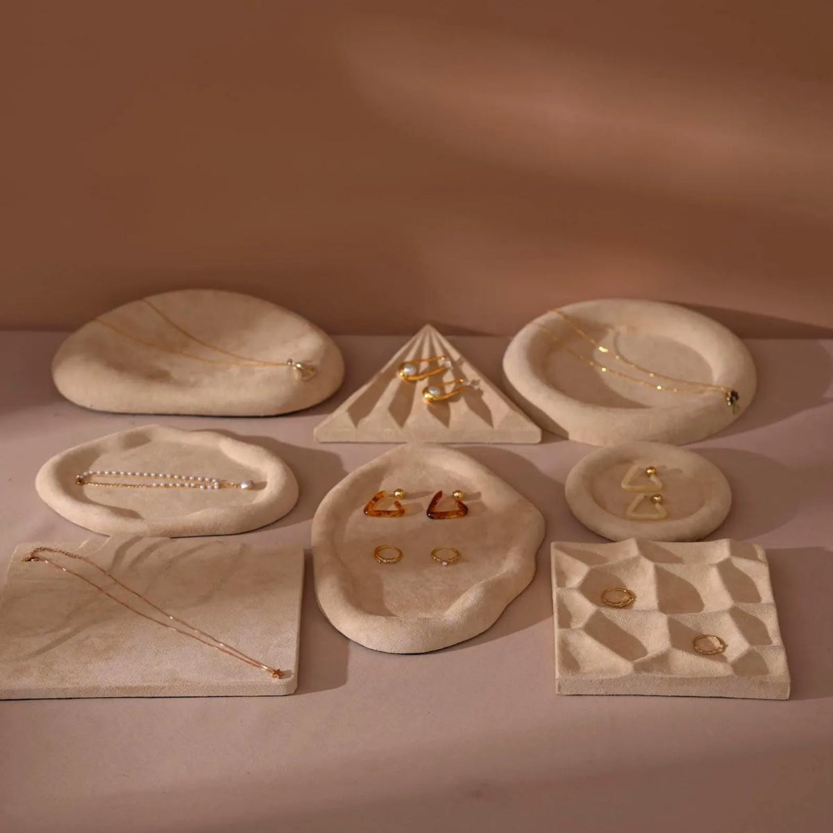Cream White Jewelry Tray Set – Ring Dish, Bracelet Tray & Earring Holder, Vegan Suede