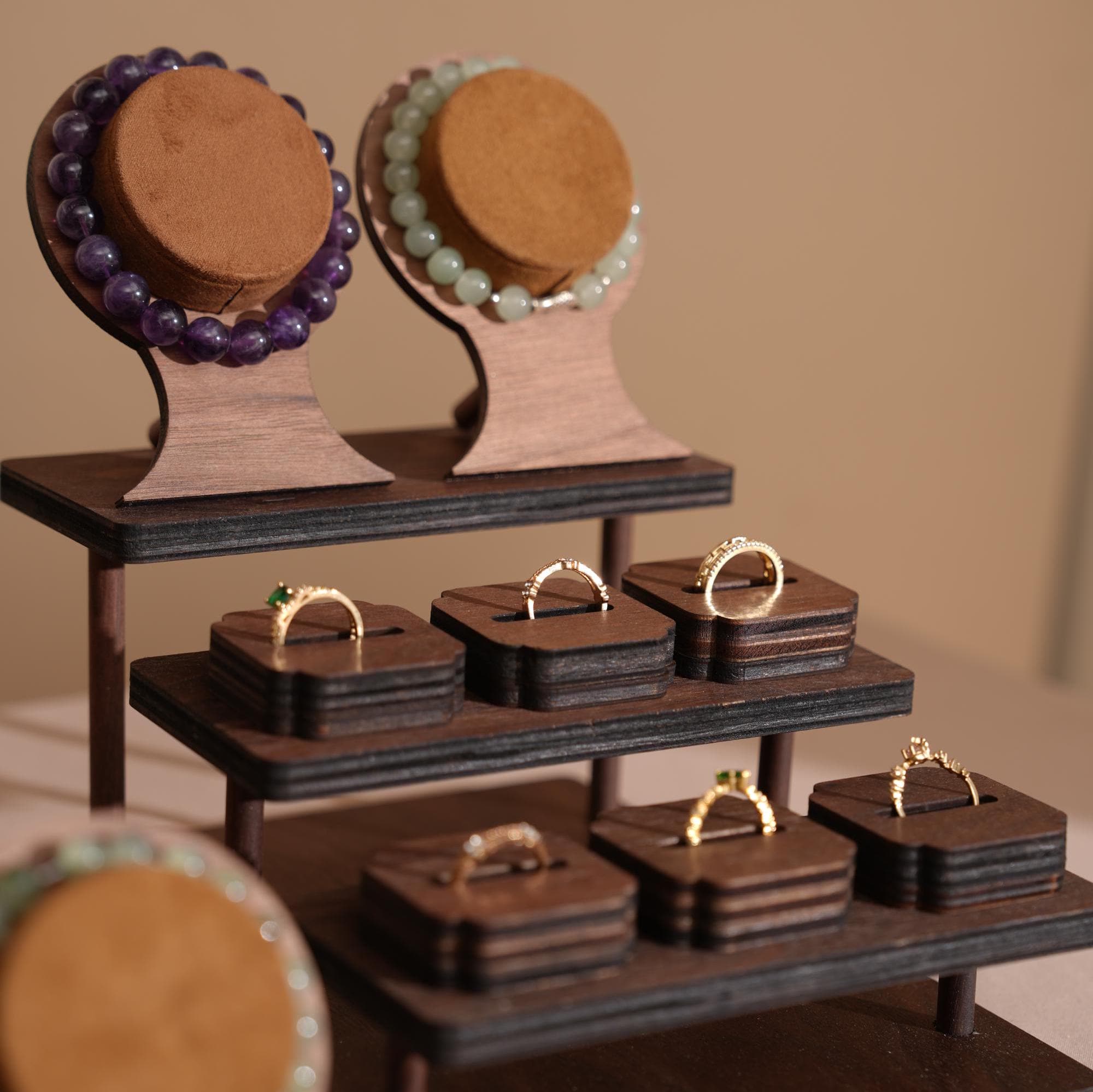 Walnut Veneer 44-Piece Jewelry Display Set