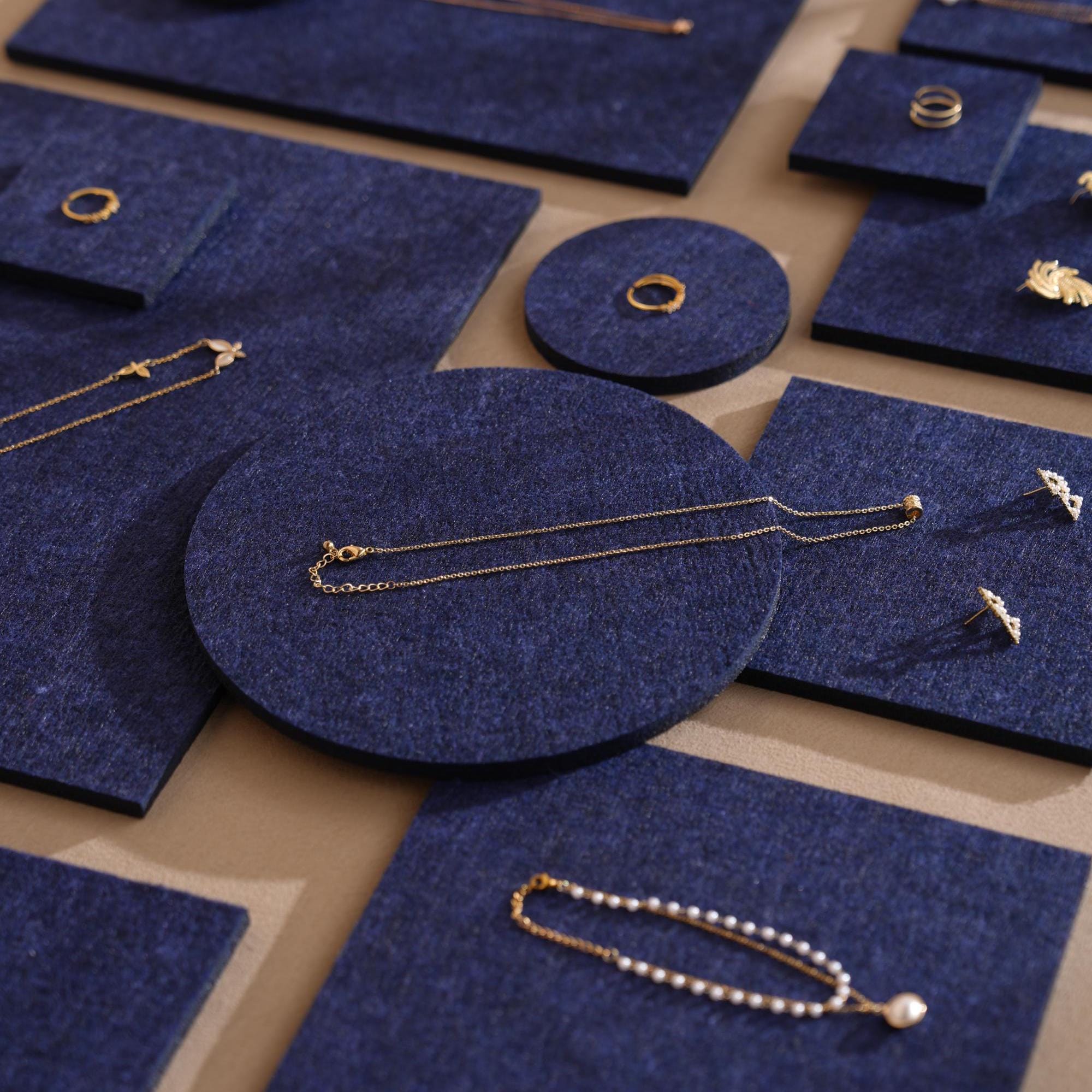 Midnight Blue Felt Jewelry Display Set: Ring, Necklace, Earring Showcase