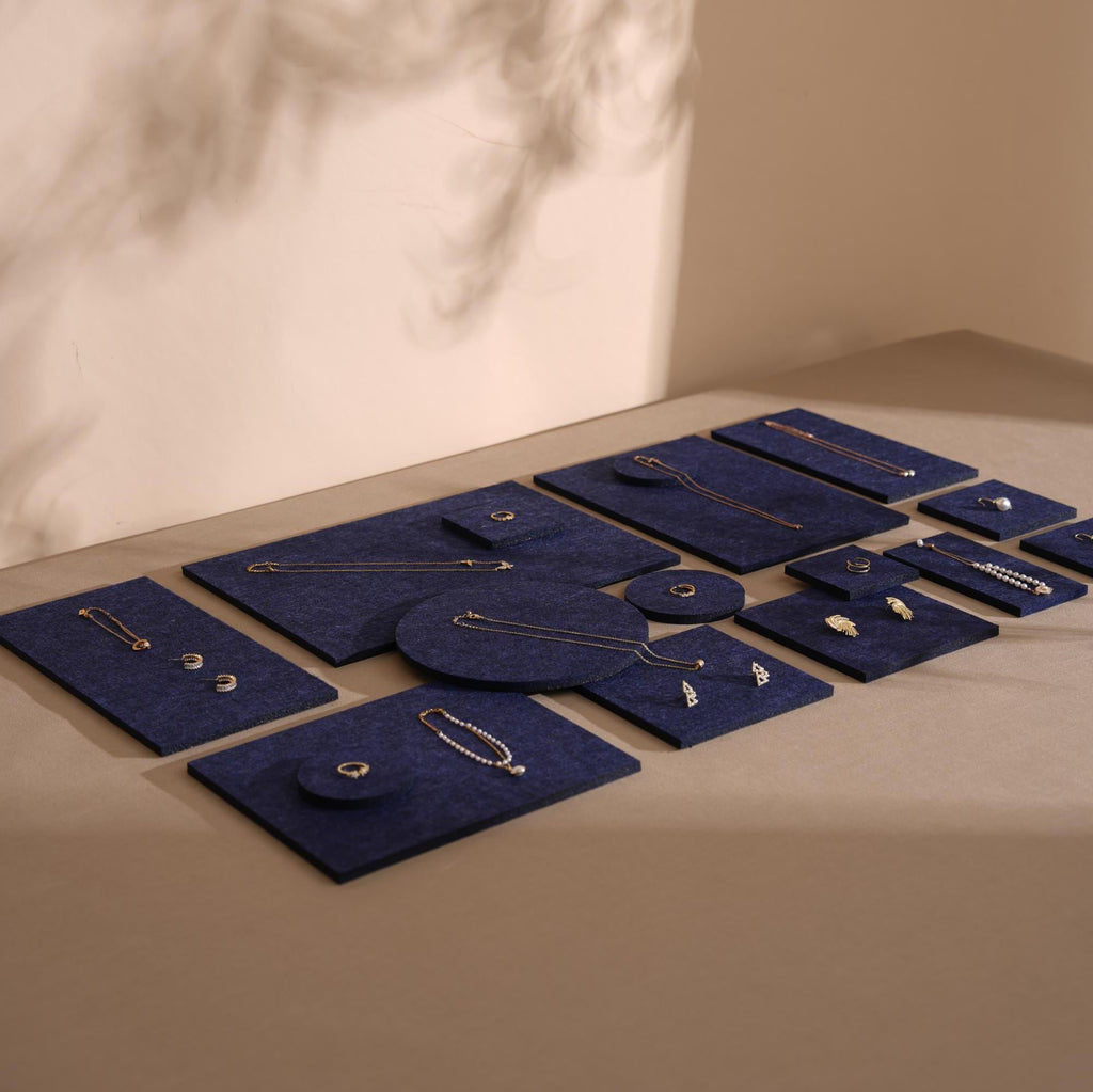 Midnight Blue Felt Jewelry Display Set: Ring, Necklace, Earring Showcase